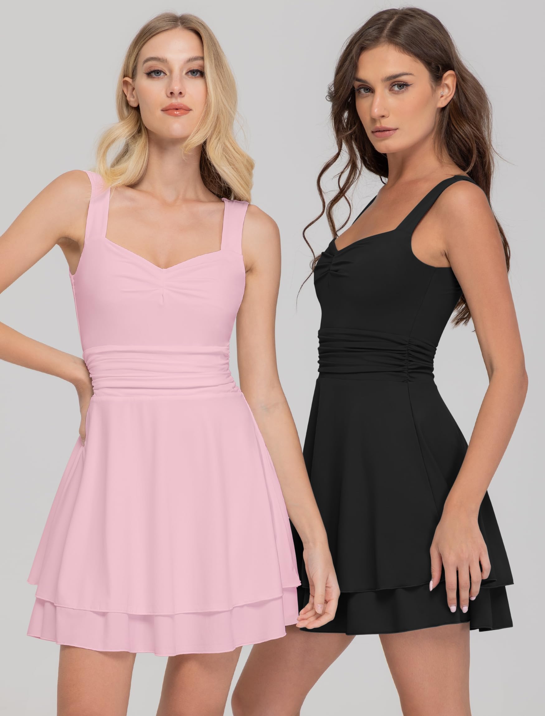 IWD Womens Summer Square Neck Sleeveless Mini Dresses Cute A Line Corset Ruched Waist Ruffle Hem Tiered Flowy Short Dress Light Pink Large