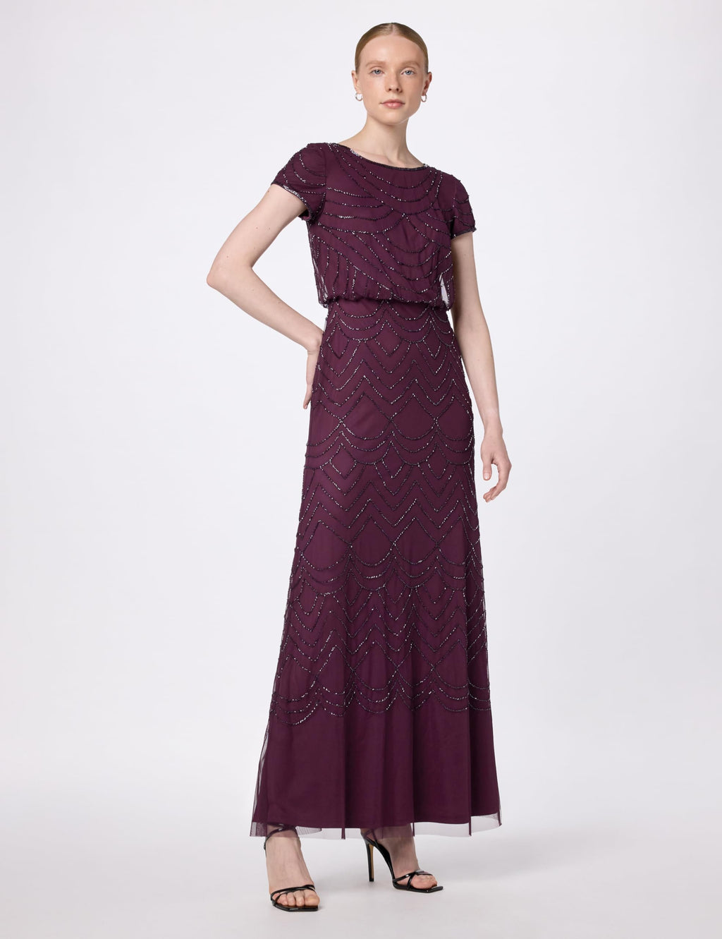 Adrianna Papell Women's Short Sleeve Blouson Beaded Gown Cassis 2