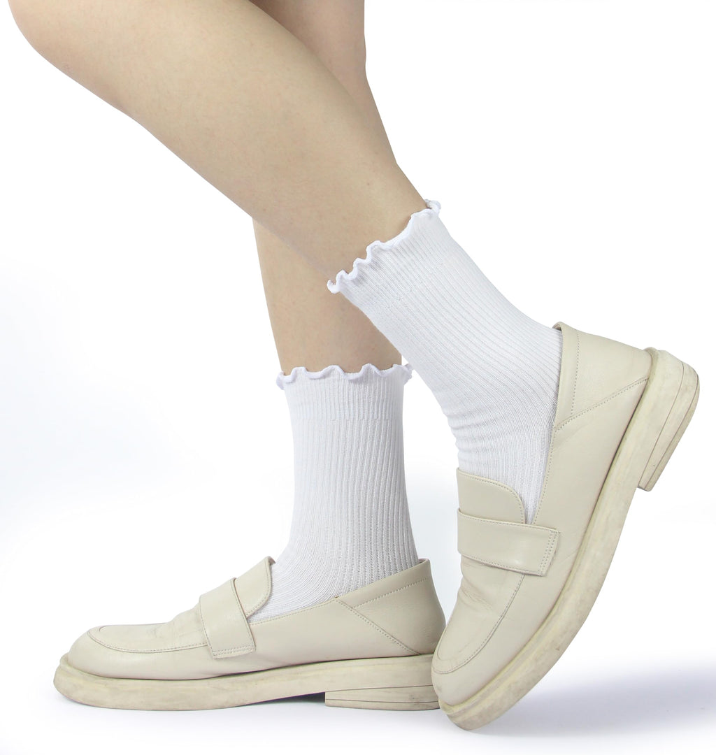 BomKinta Ruffle Socks Women Lightweight Cotton Sock Turn-Cuff Frilly Sock Casual Athletic Crew Socks Gifts White 6 Pairs Size 5-10