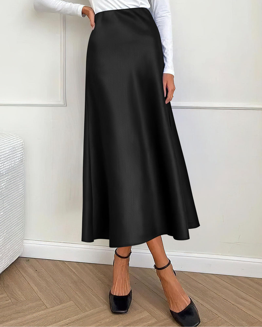 BTFBM 2026 Womens Spring Summer Long Satin Skirt Silk Elegant High Waist Cocktail Party Wedding Flowy A-Line Midi Skirts(Black, Small)