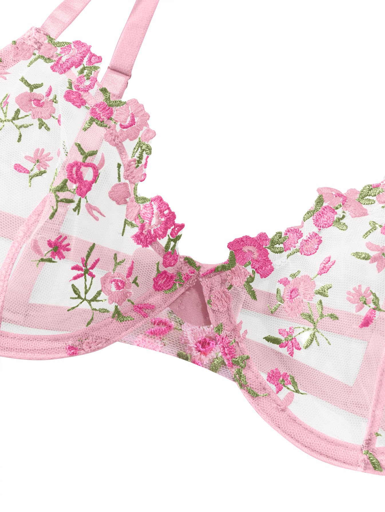 Lilosy Petite Sexy Floral Embroidered Mesh Sheer Underwire Push Up Lingerie Set Women See Through Bra and Panty 2 Piece Sun Flower Pink XX-Small
