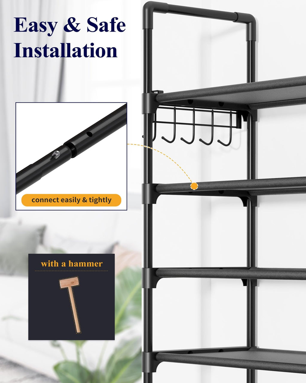 Kitsure Shoe Rack for Closet - 10-Tier Shoe Organizer with Hook Rack, Large-Capacity & Space-Saving Shoe Shelf for Entryway, Bedroom, Living Room,32.2" x 11.8" x 68.5", Black