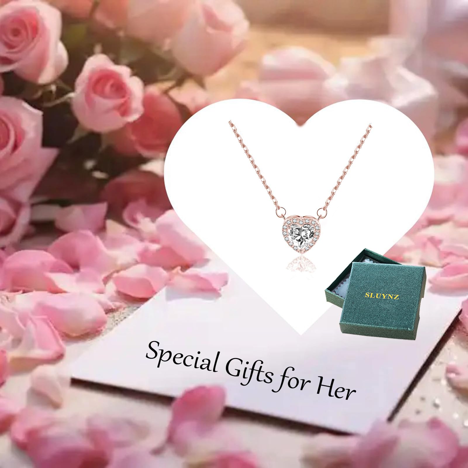 SLUYNZ 925 Sterling Silver CZ Love Choker Necklace for Women Teen Girls Sweet Heart Pendant Necklace for Her Birthday Anniversary (C-Rose Color)