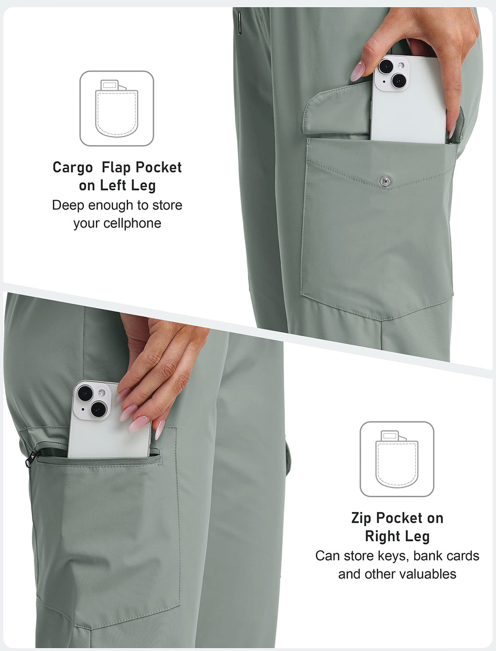 MoFiz Capri Pants for Women Capri Cargo Pants for Women Quick Dry Lightweight Outdoor Casual Gray Green XXX-Large