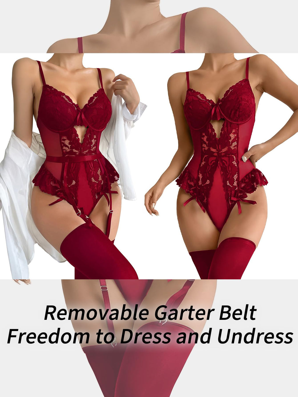 Lilosy Petite Sexy Stocking Lace Mesh Bodysuit Top Underwire Garter Lingerie Set One 3 Piece Bows Push Up Floral Sheer Women Teddy See Through Lenceria Burgundy Red 3X-Small