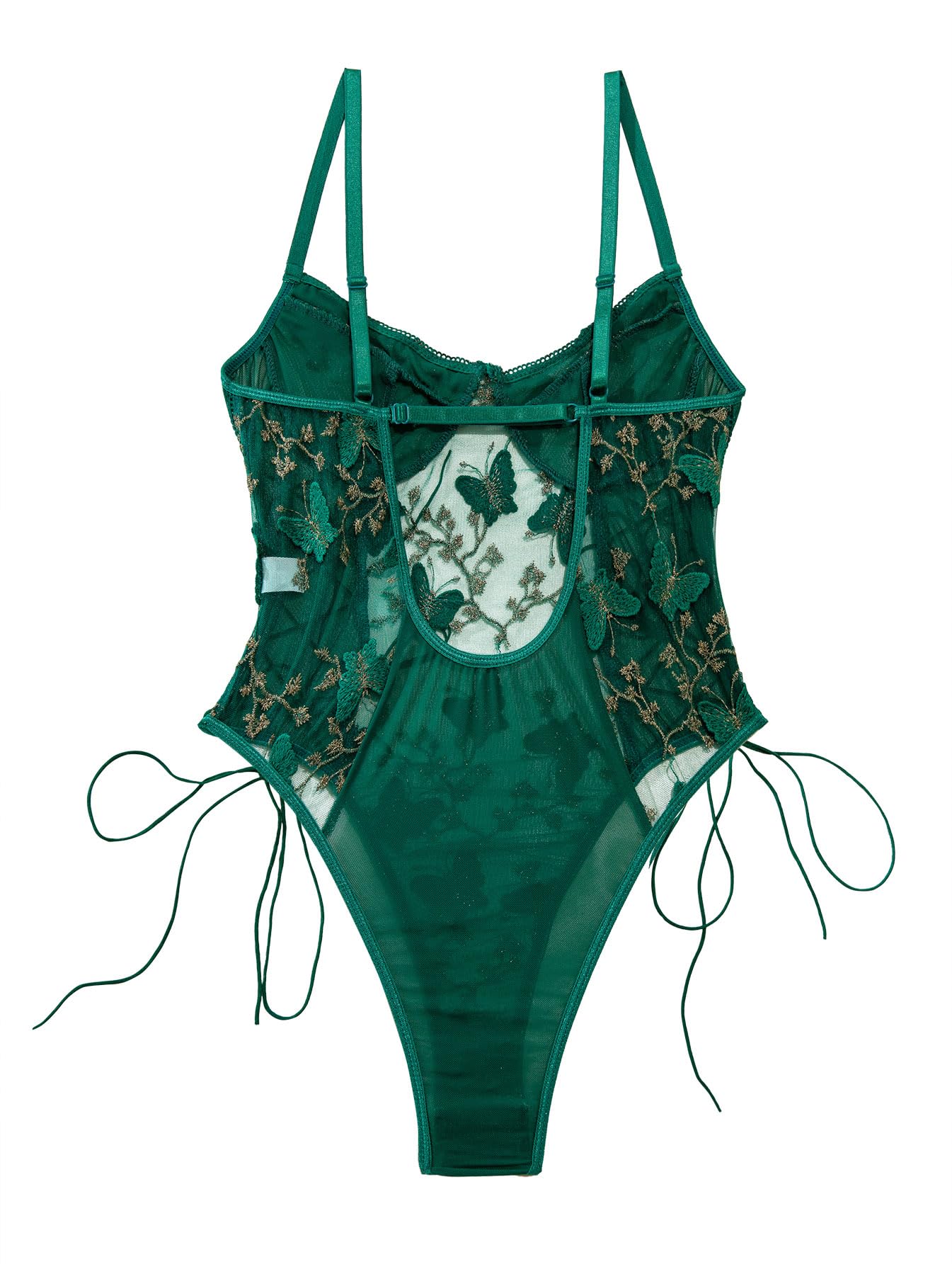 Lilosy Women Sexy Lace Up Floral Embroidered Teddy Babydoll Lingerie Bodysuit Top Mesh Sheer One Piece See Through Butterfly Army Green Medium
