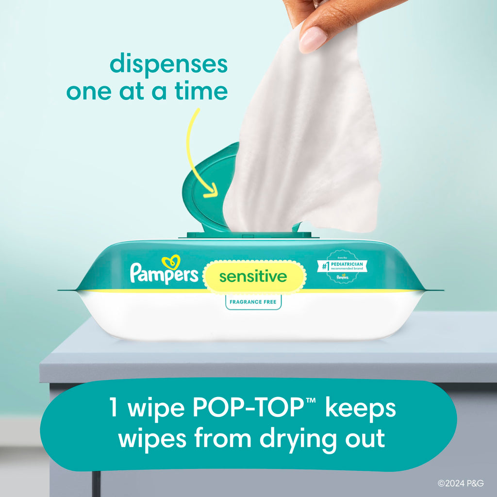 Pampers Baby Wipes Sensitive, Water Based Hypoallergenic and Unscented 504 Total (6 Flip-Top Packs)