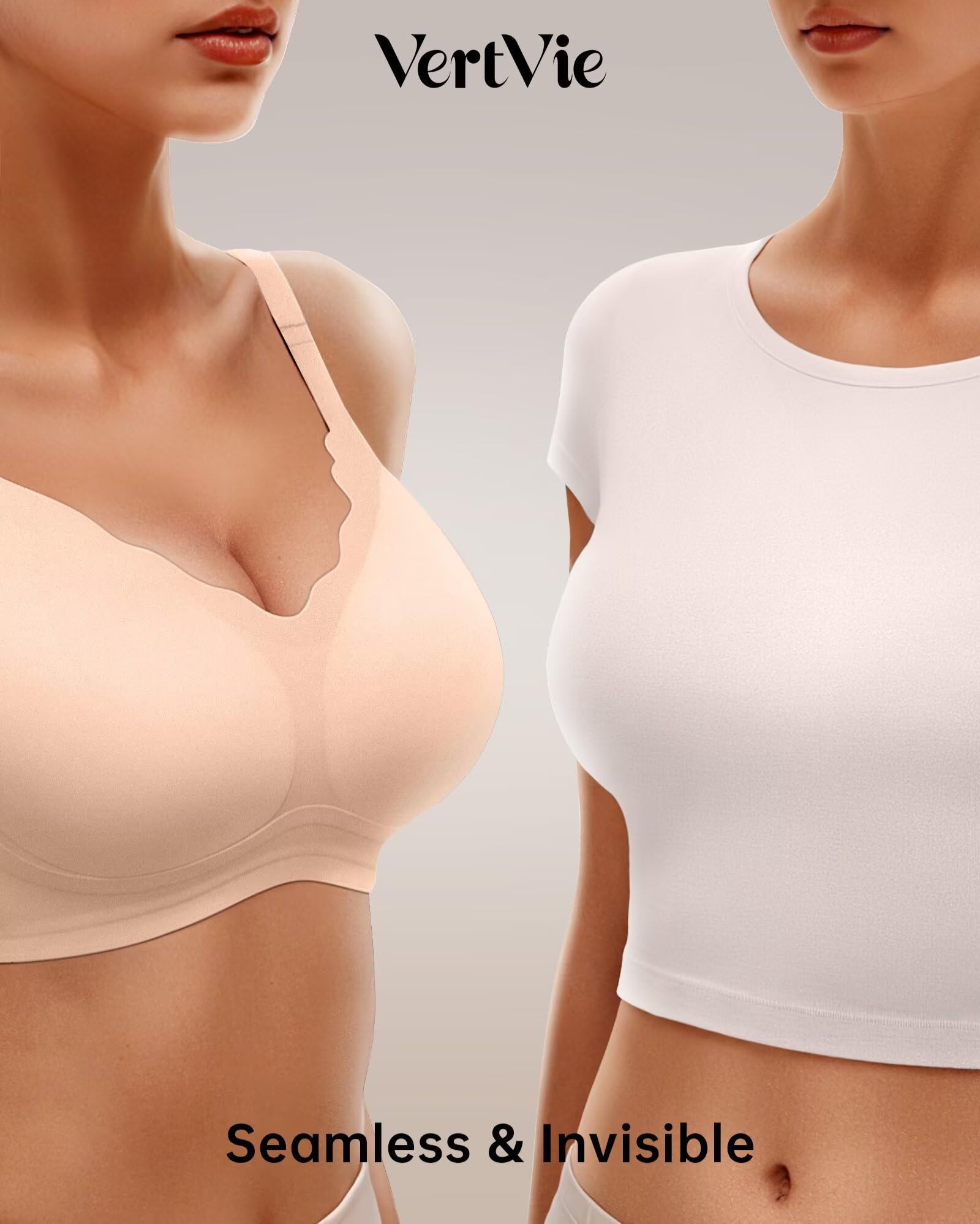 Vertvie Women Seamless Jelly Bras No Underwire Supportive Wireless Push Up Full Coverage Bralette Comfy Scalloped T-Shirt Bra(Nude,X-Large)