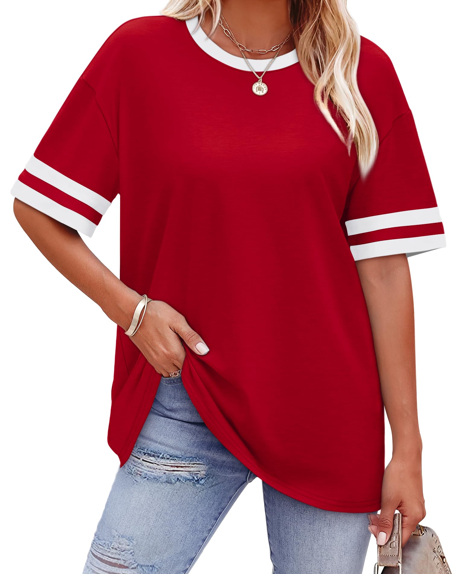 WIHOLL Plus Size Tops for Women T Shirts Crew Neck Summer Sports Style Color Block Sleeve Tee Plain Clothes Spring Outfits for Women Womens Clothing Plus Size Fashion Resort Wear Deep Red 2XL