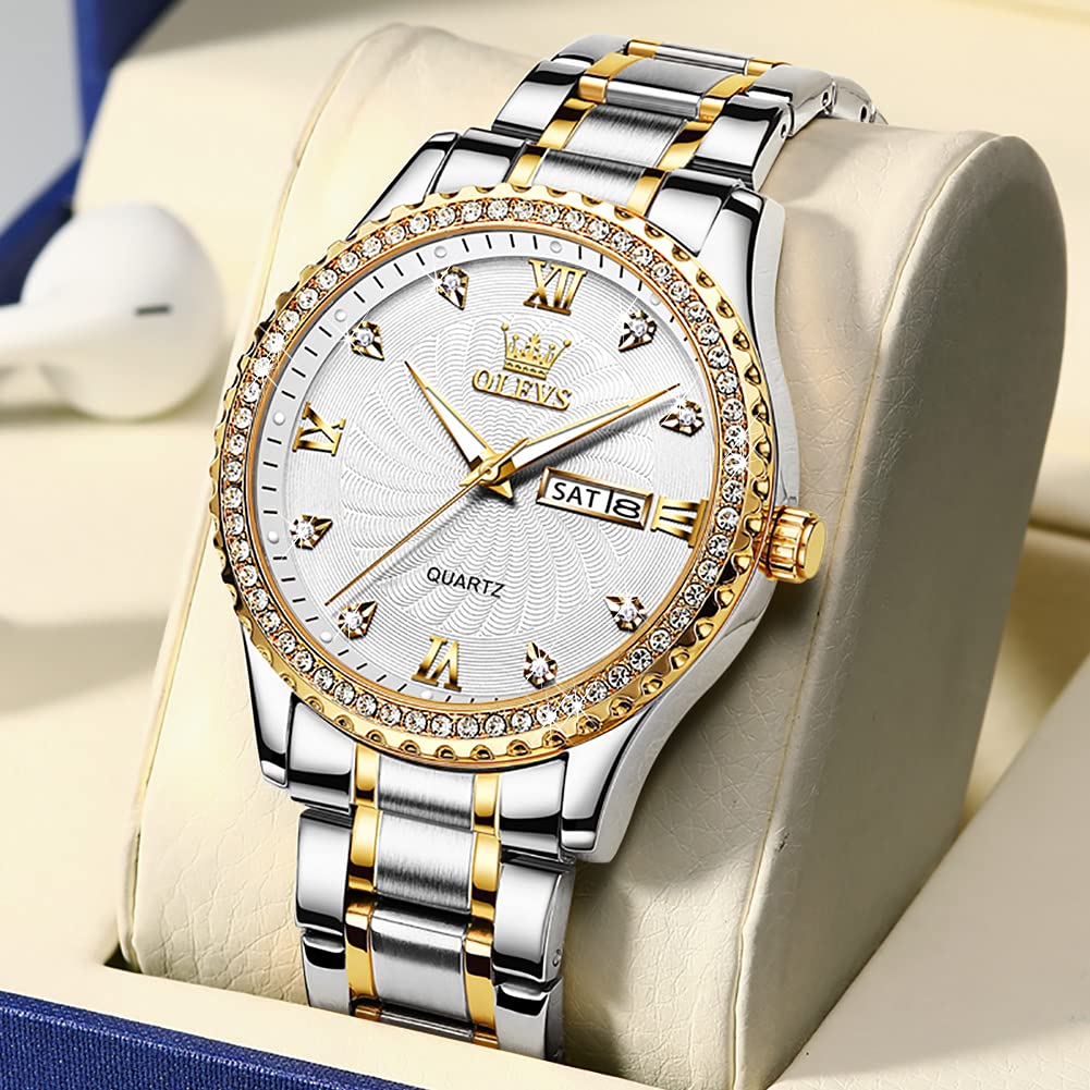 OLEVS Watch for Men Silver Stainless Steel Diamond Male Watches Analog Quartz Luminous Date Day Mens Watch Gift