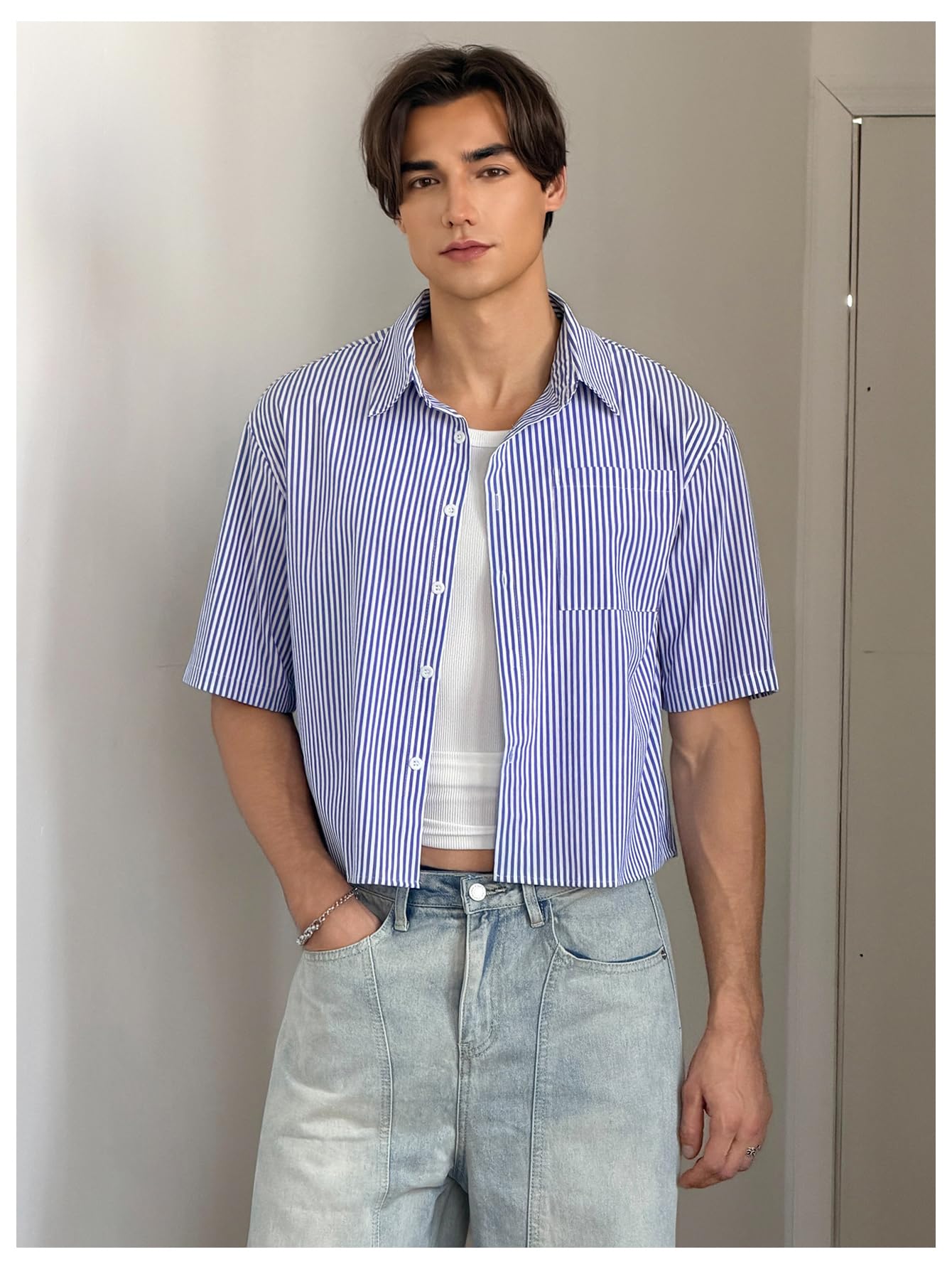 GORGLITTER Men's Striped Cropped T Shirt Button Down Up Y2k Short Sleeve Collar Oversized Tops Blue Small