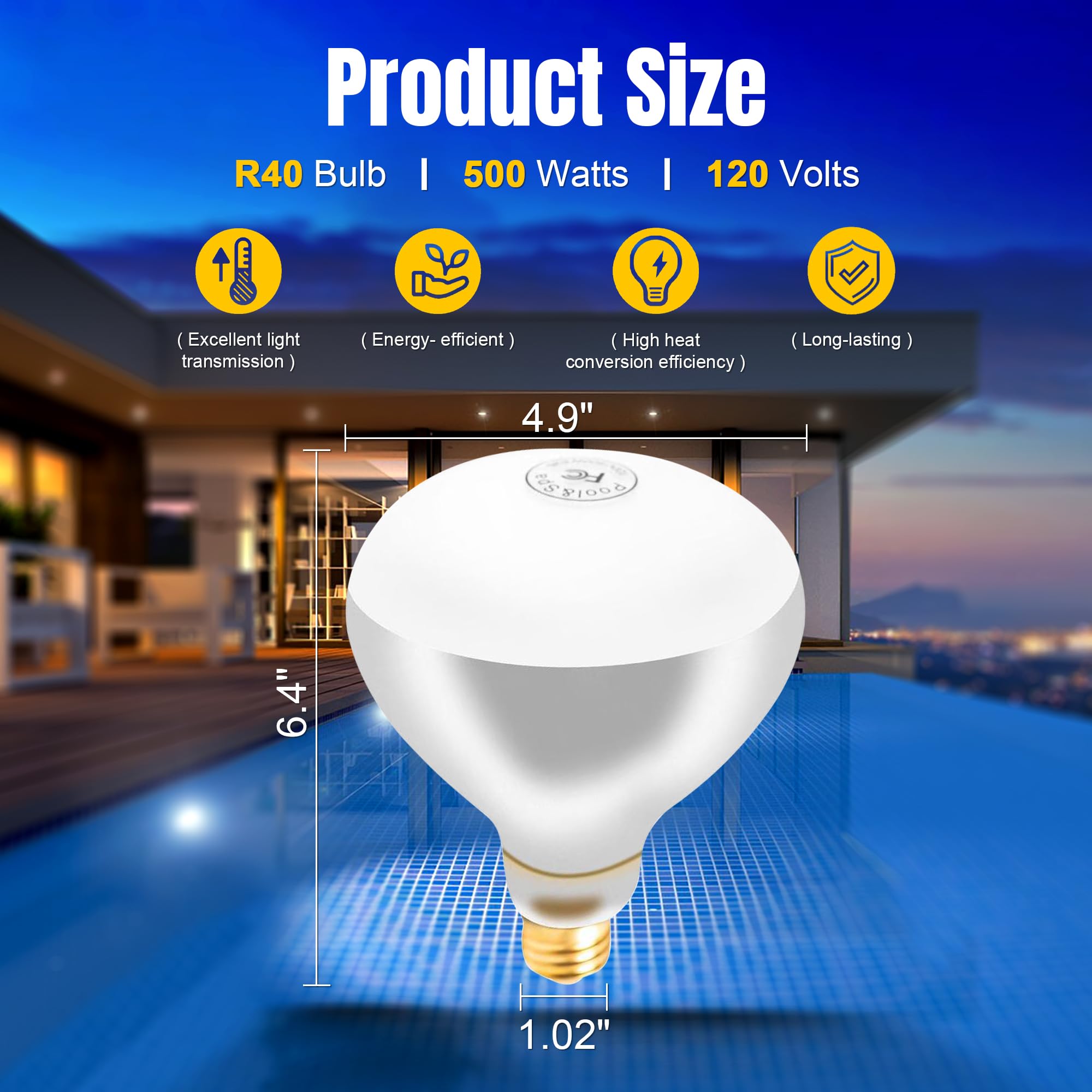 Zenhagu 500W R40 120V Pool Lights Bulb for Inground Pool & Spa – 3000K Warm White, E26 Base, High-Power, Compatible with Pentair & Hayward Fixtures, 3,000-Hour Lifespan (2 Pack)