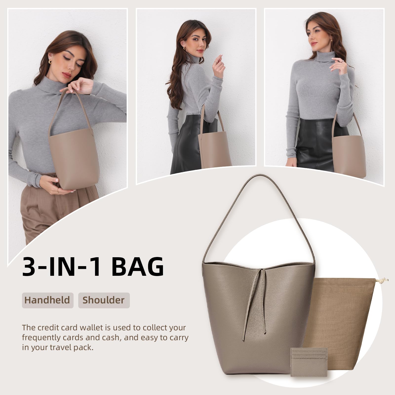 Genuine Leather Bucket Bag with Credit Card Holder Wallet, First Layer Pebble-grained Calfskin Tote Bag, Leather Handbag with Cotton Insert Pocket (Gray, Medium)