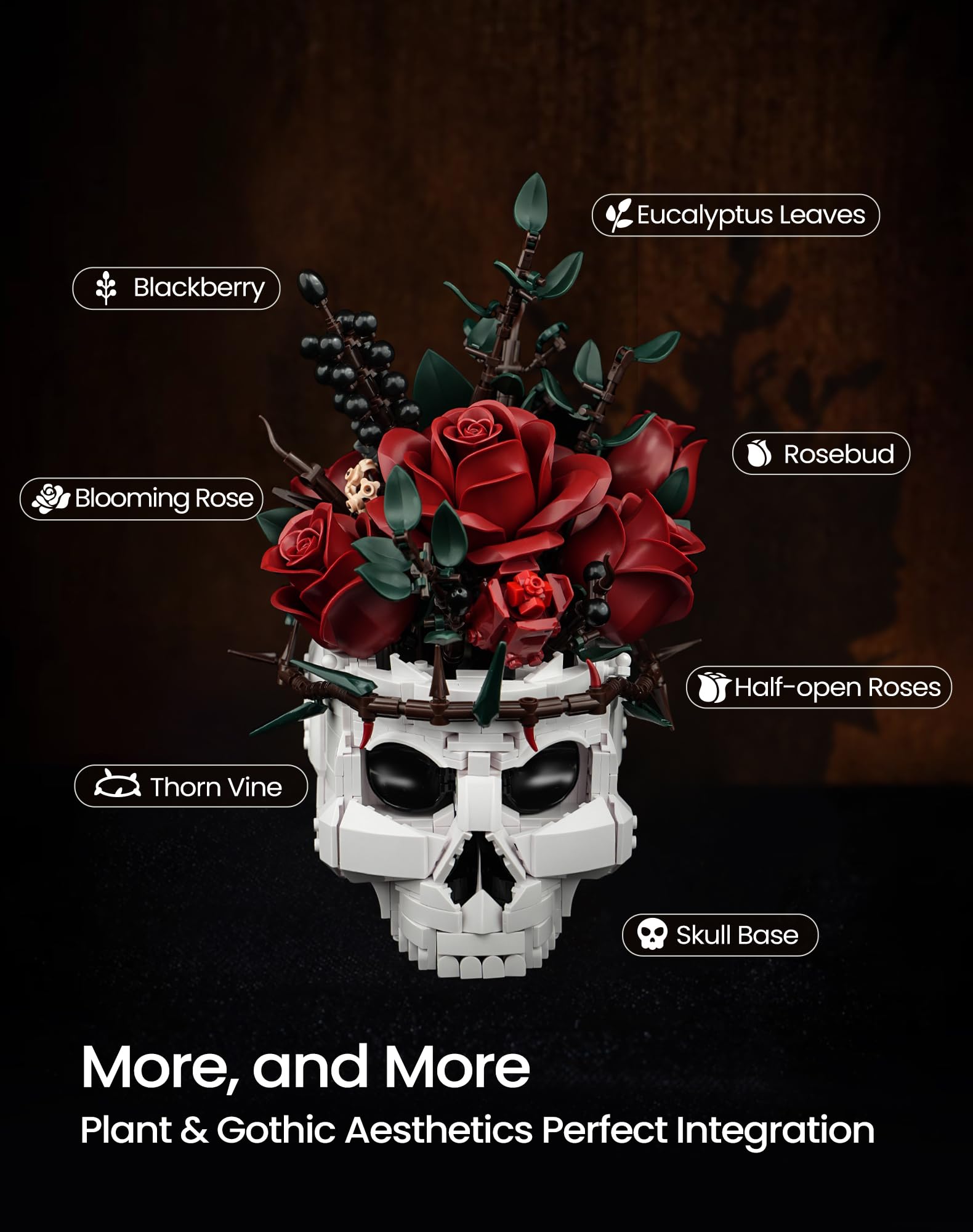iATOM Skull Roses Flower Bouquet Building Set, Botanical Collection Kit for Adult Women, Gift for Valentines Day for Her/Girlfriend/Mom/Wife/Couple, Goth Horror Skeleton Pot Home Table Decor Aesthetic