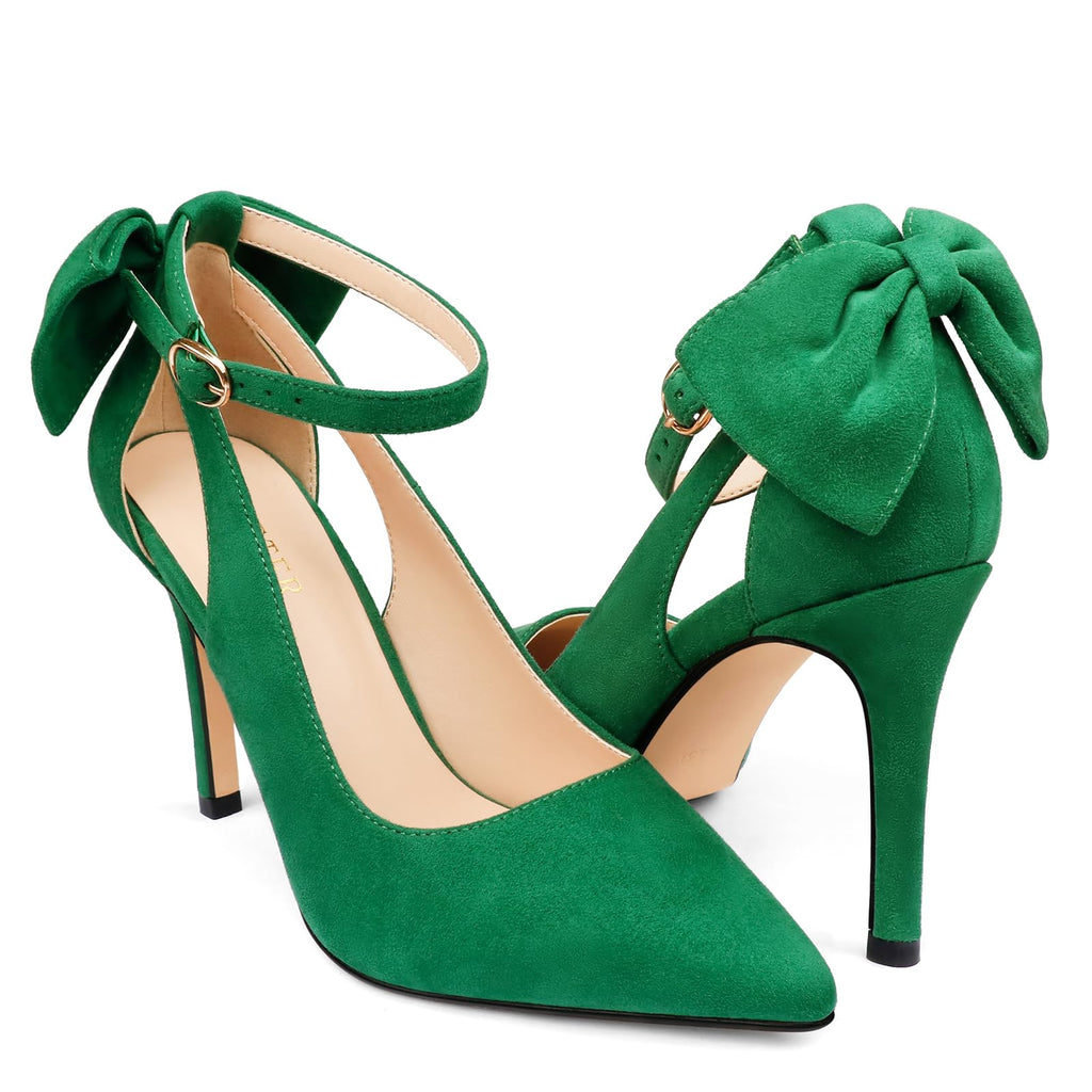 COLETER Womens Bow Knot High Heels Pointed Toe Stiletto Ankle Strap D'Orsay Pumps Bow Evening Dress Shoes Suede Green 8.5US