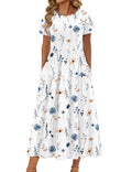 Zeagoo Ladies Summer Dresses Short Sleeve Flowy Round Neck Bohemian Beach Dress White Floral S