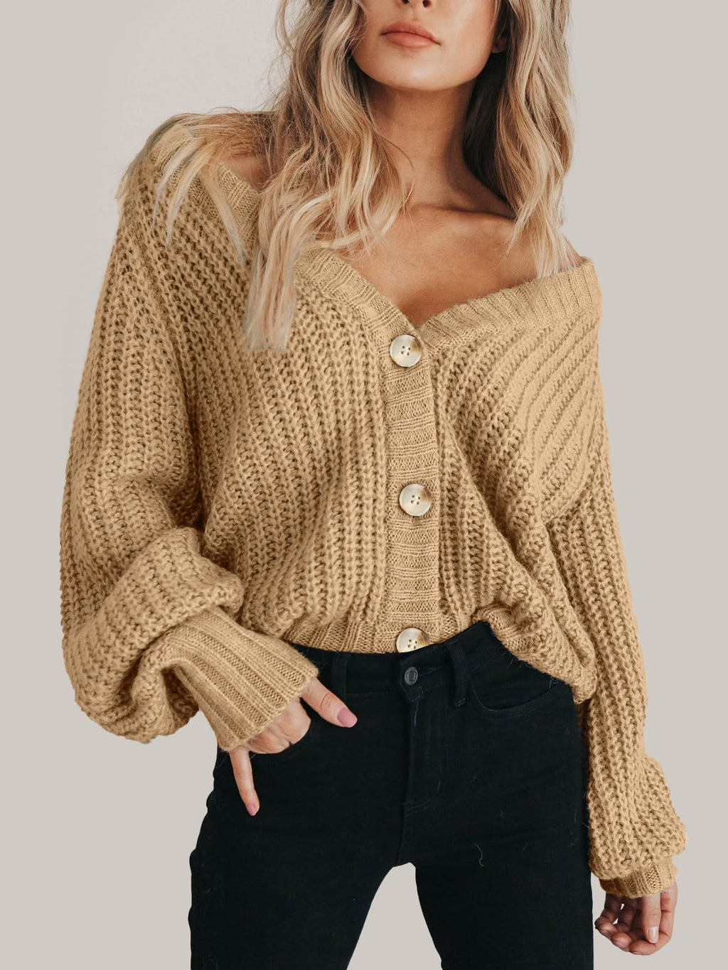 PRETTYGARDEN Long Sleeve Button Up Womens Sweaters Spring 2024 Open Front Plain Cardigans Sweaters Loose Soft Knit Coat Outerwear(Khaki,Medium)
