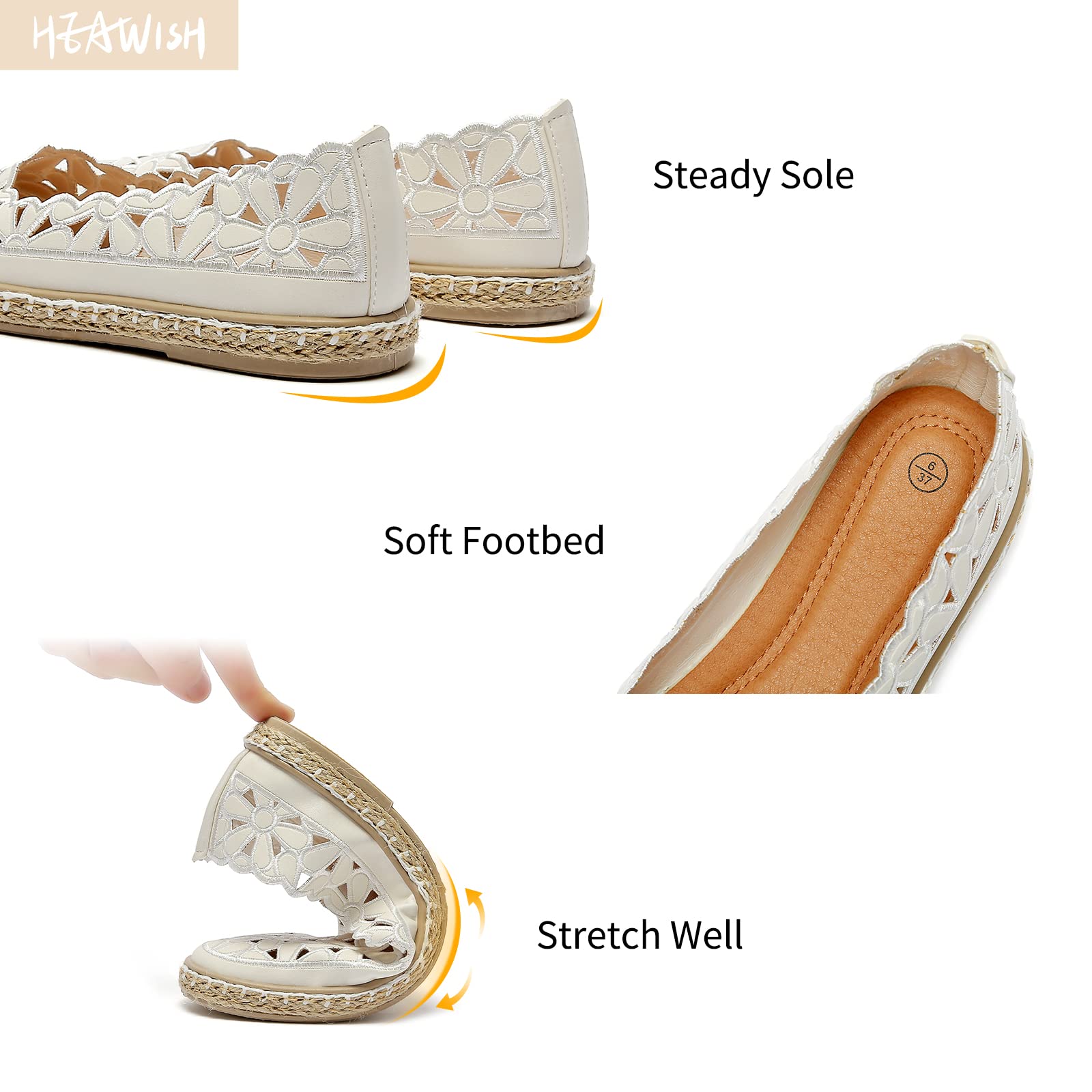 HEAWISH Women’s Ballet Flat Daisy Round Toe Dress Shoes Casual Slip On Rope Loafer(White, US7)