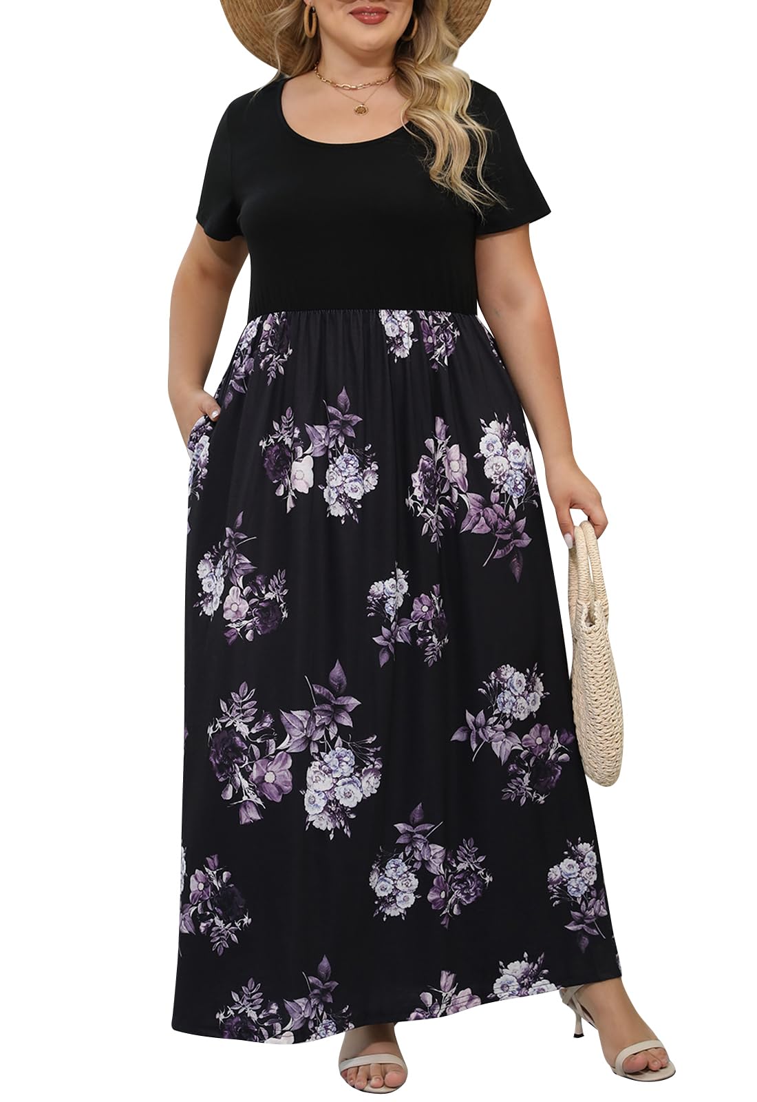 Nemidor Plus Size Maxi Dresses for Curvy Women Casual Summer Short Sleeve Chevron Print Long Dress with Pocket 14-26(155,18,PurplePrint)