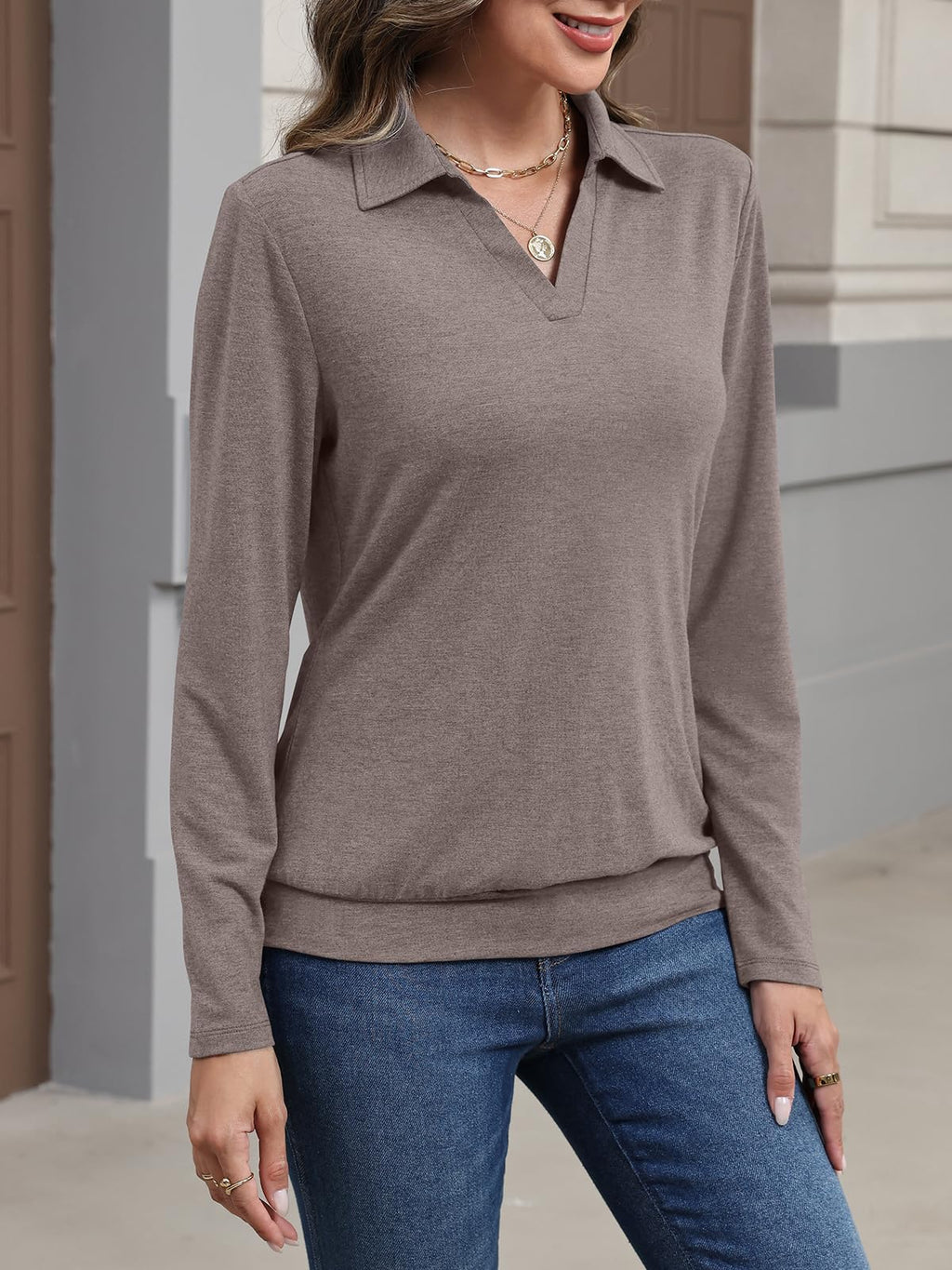 TICTICMISS Womens Polo Shirts Long Sleeve Banded Bottom Tops Business Casual Tops Collared V Neck Blouses