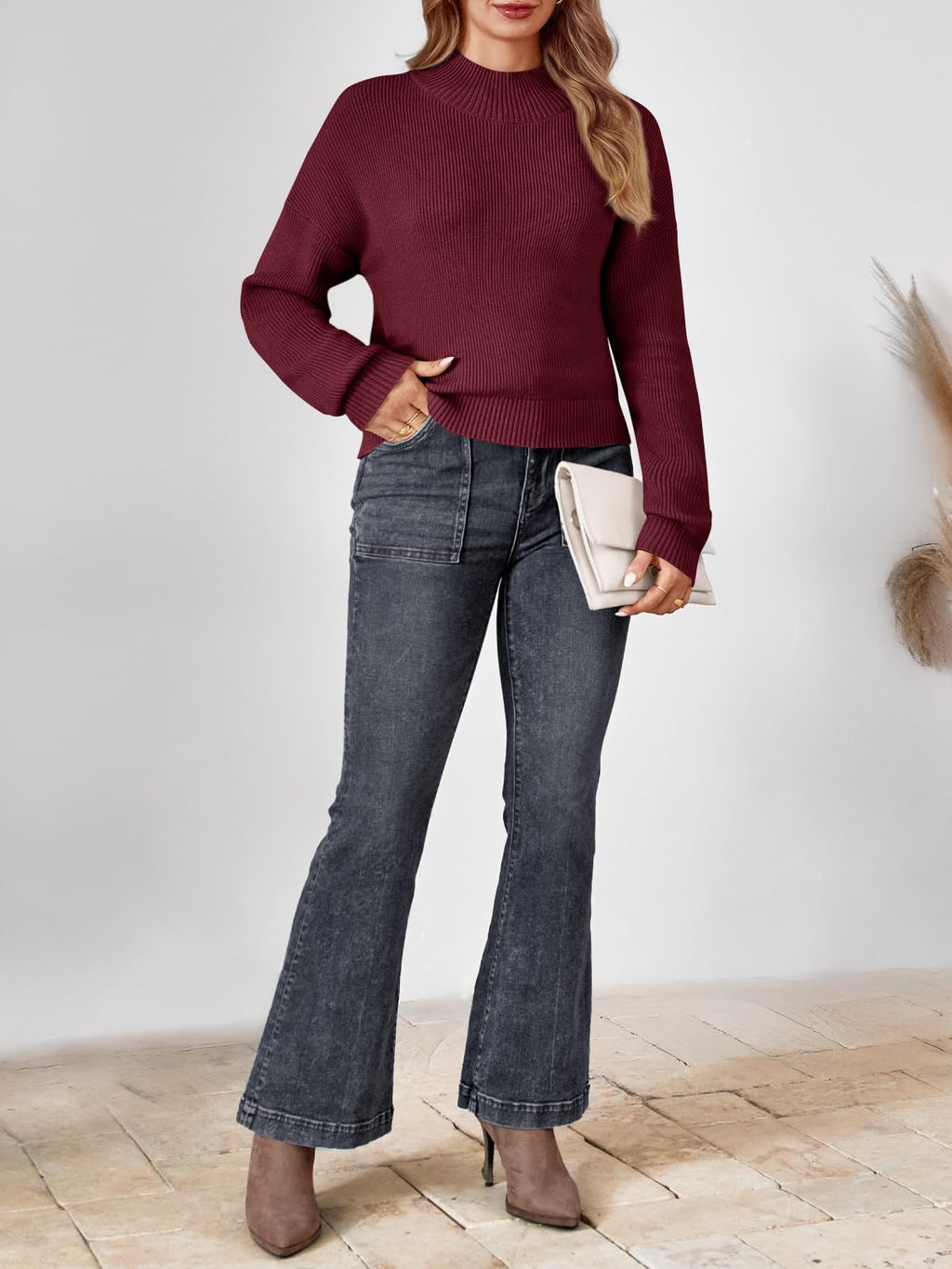 LILLUSORY Womens Turtleneck Mock Cropped Sweaters Winter Cute Oversized Knit Trendy Tops Fashion Long Sleeve Fall Clothes Wine S