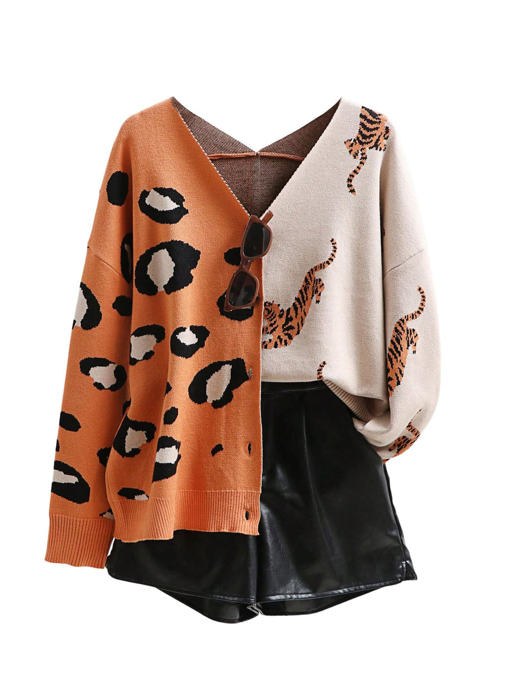 WDIRARA Women's Leopard Tiger Print Cardigan V Neck Long Sleeve Color Block Button Down Sweater Outwear Orange Medium
