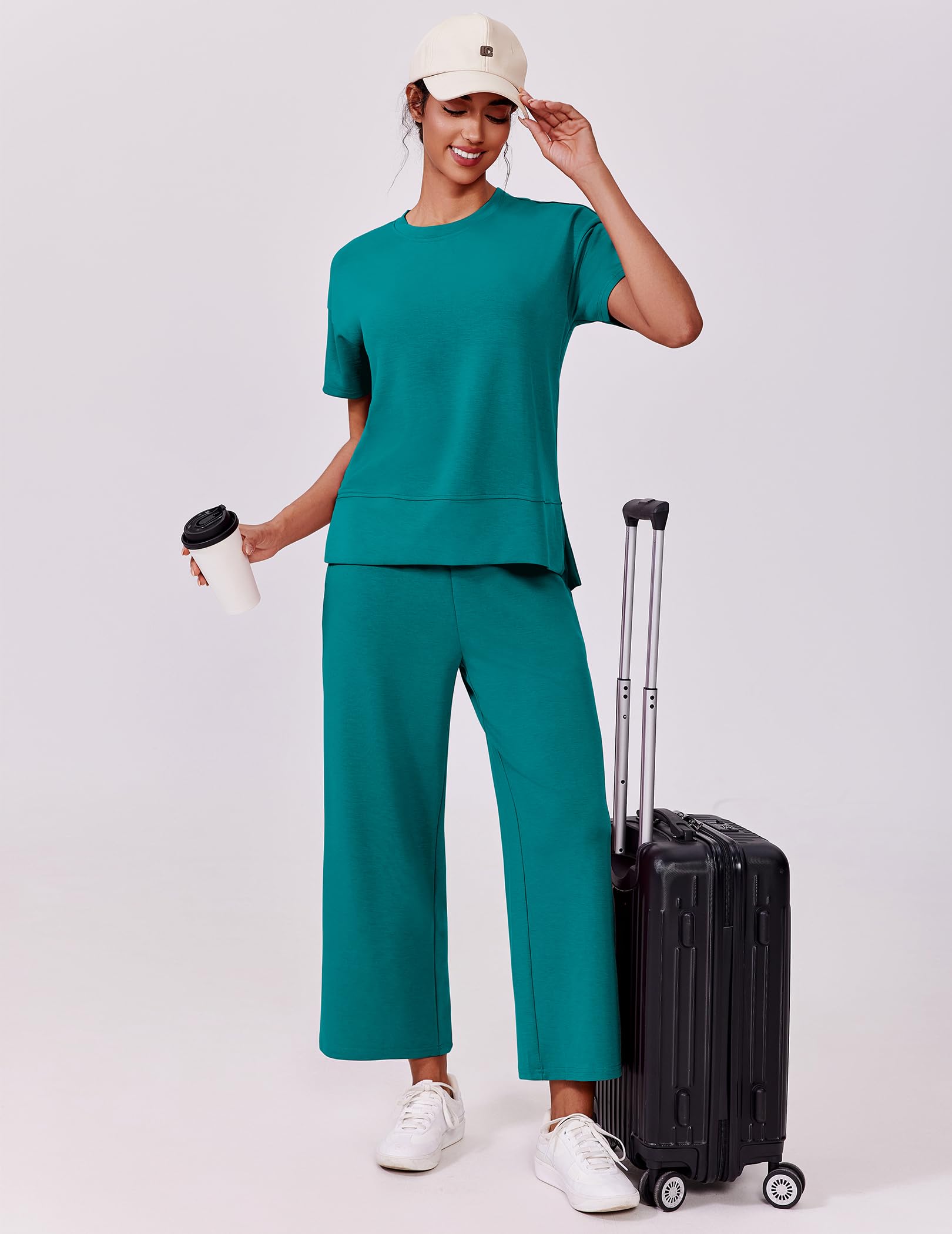PINSPARK Matching Sets Short Sleeve Soft Lounge Sets for Women Soft Crewneck Sweatsuit with 2 Pockets Summer 2025 Womens Fashion,Teal X-Large
