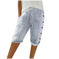 Womens Stripe Print Shorts Summer Knee-Length Casual Bermuda Shorts Lounge Short-s Elastic Waist Side Button Short+s Navy
