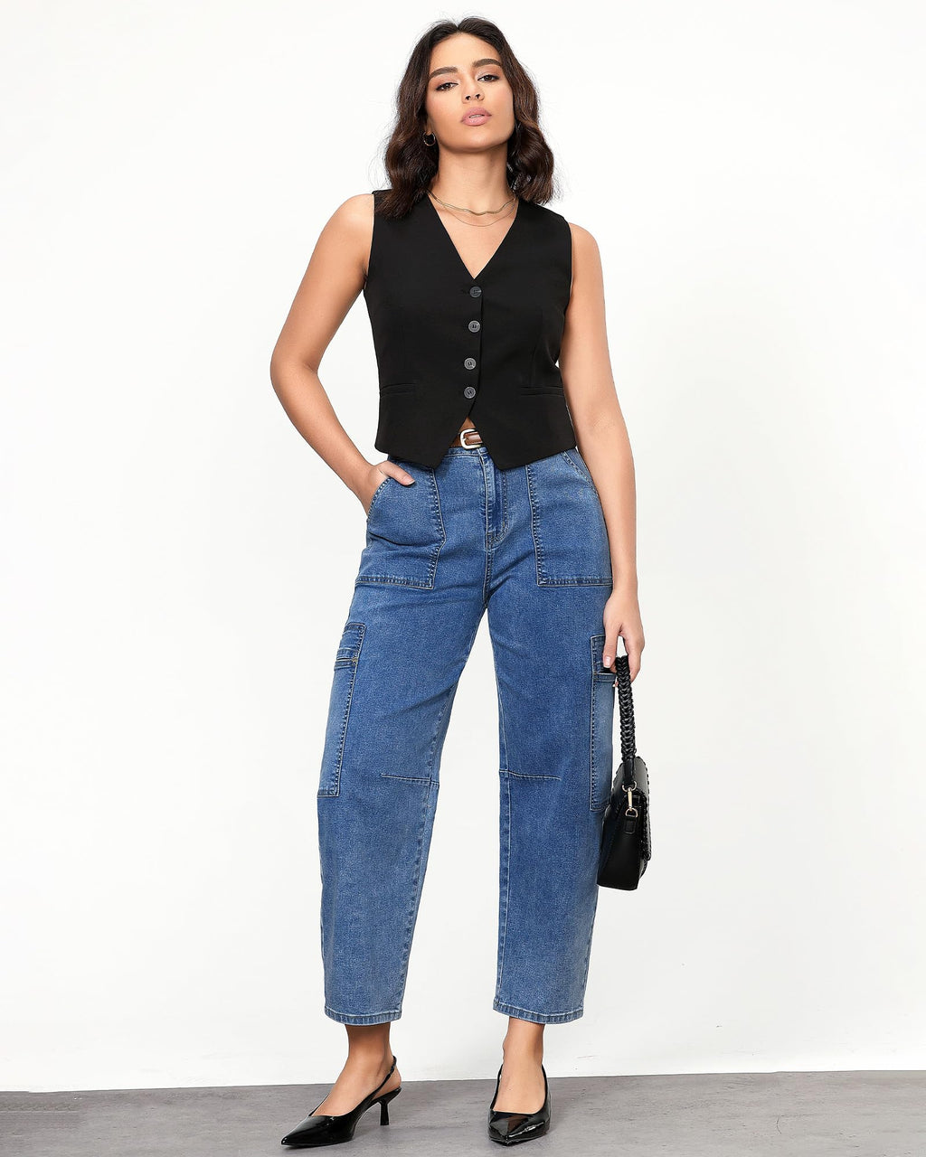 GRAPENT Barrel Women's Baggy High Waisted Oversized Ankle Jeans - Reef Blue, X-Large (Size 16-18)