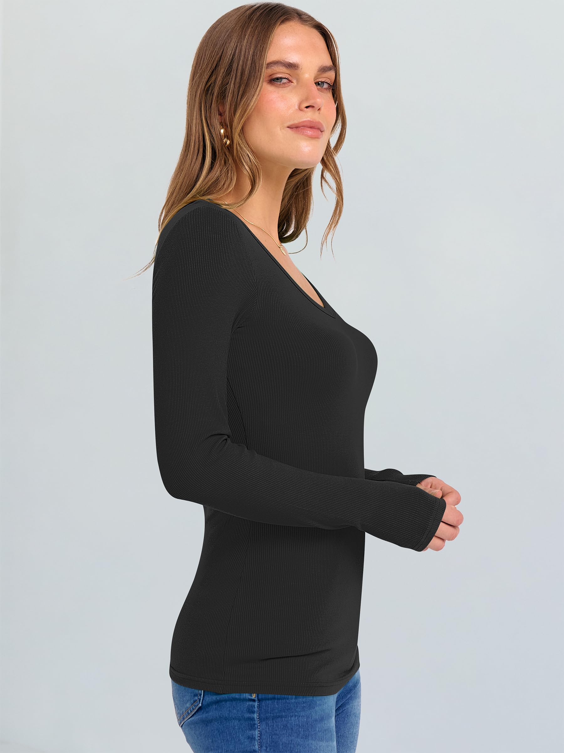 ANRABESS Long Sleeve Shirts for Women V Neck Ribbed Knit Fitted Fall Basic Tshirts Going Out Tops 2026 Casual Trendy Clothes Black Large