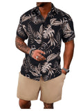 GORGLITTER Men's Vacation Beach Cruise Summer Outfits 2 Piece Shorts Set Hawaiian Button Down Shirt and Shorts Black and Brown X-Large