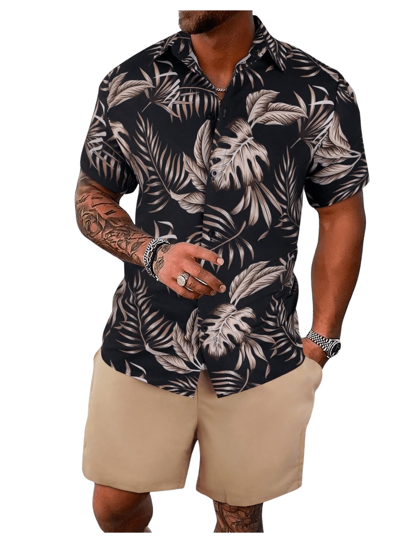 GORGLITTER Men's Vacation Beach Cruise Summer Outfits 2 Piece Shorts Set Hawaiian Button Down Shirt and Shorts Black and Brown X-Large