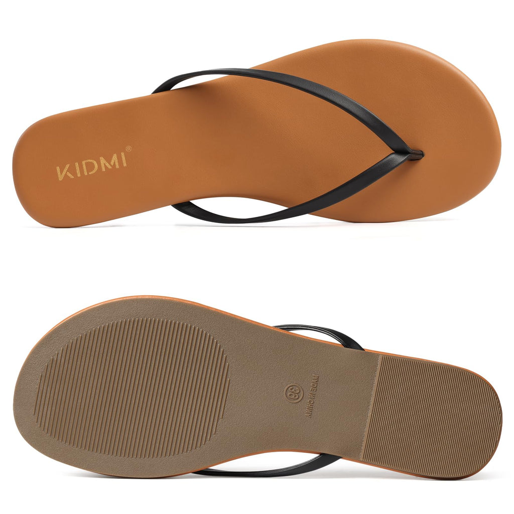 KIDMI Thong Flip Flops for Women - Memory Foam Summer Beach Sandals for Women - Vegan Leather Flat Sandals, Brown/Black EU 36