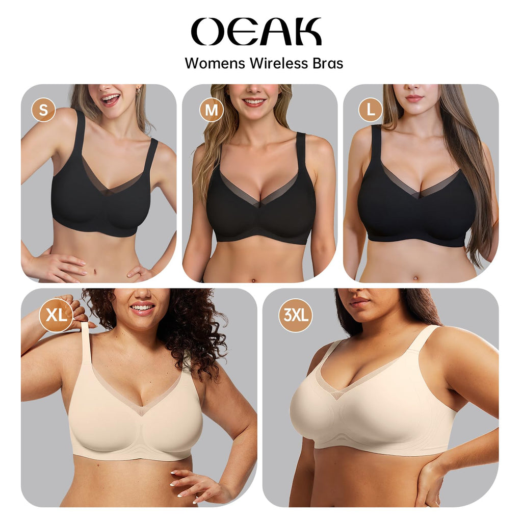 OEAK Womens Wireless Jelly Bras V Mesh Comfortable Bralette Supportive Tshirt Bra No Underwire Seamless Push Up Everyday Bras Nude L