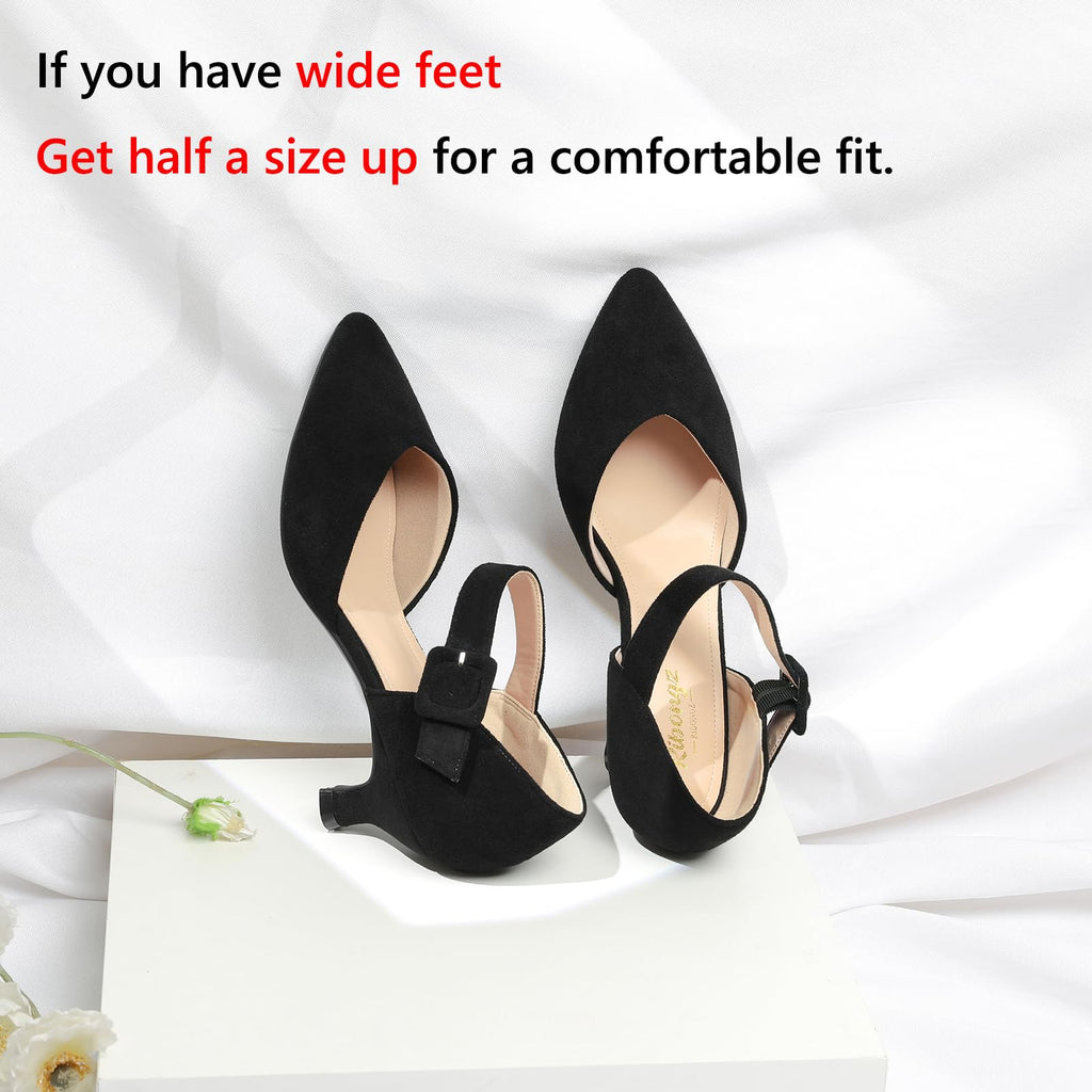 RIBONGZ Black Comfortable Kitten Heels Suede Prom Low Heels for Women Closed Pointed Toe Slip on Ankle Strap Buckle Pumps Church Wedding Bridal Party Dressy Shoes 8