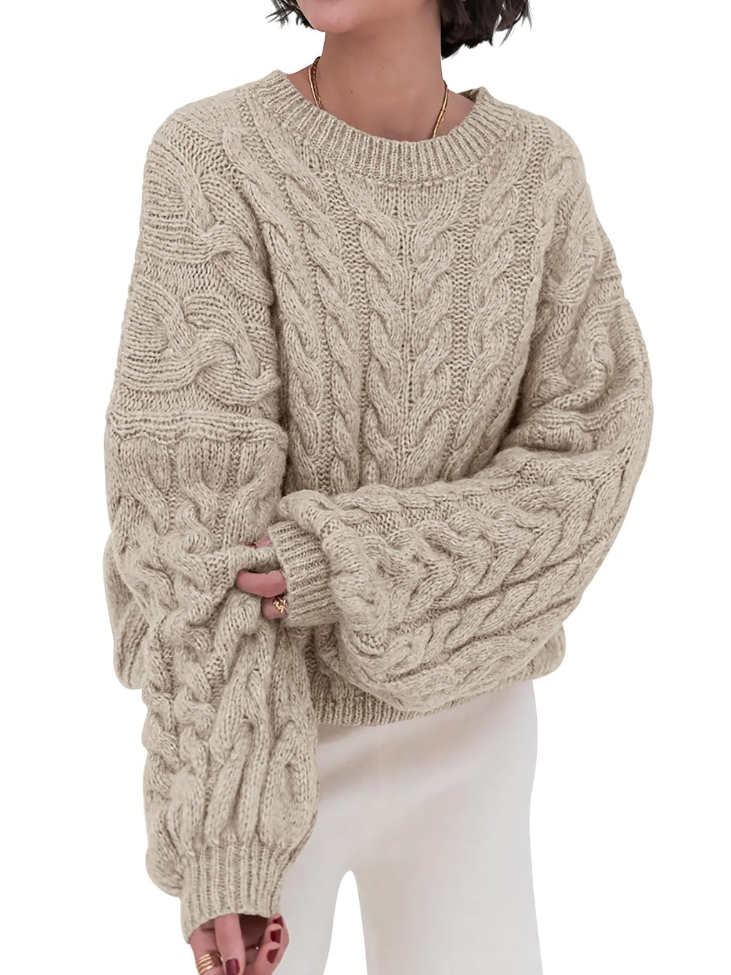 PRETTYGARDEN Womens Sweaters Fall 2026 Cable Knit Long Sleeve Crewneck Oversized Sweater Chunky Pullover Loose Outfits (Khaki, Small)