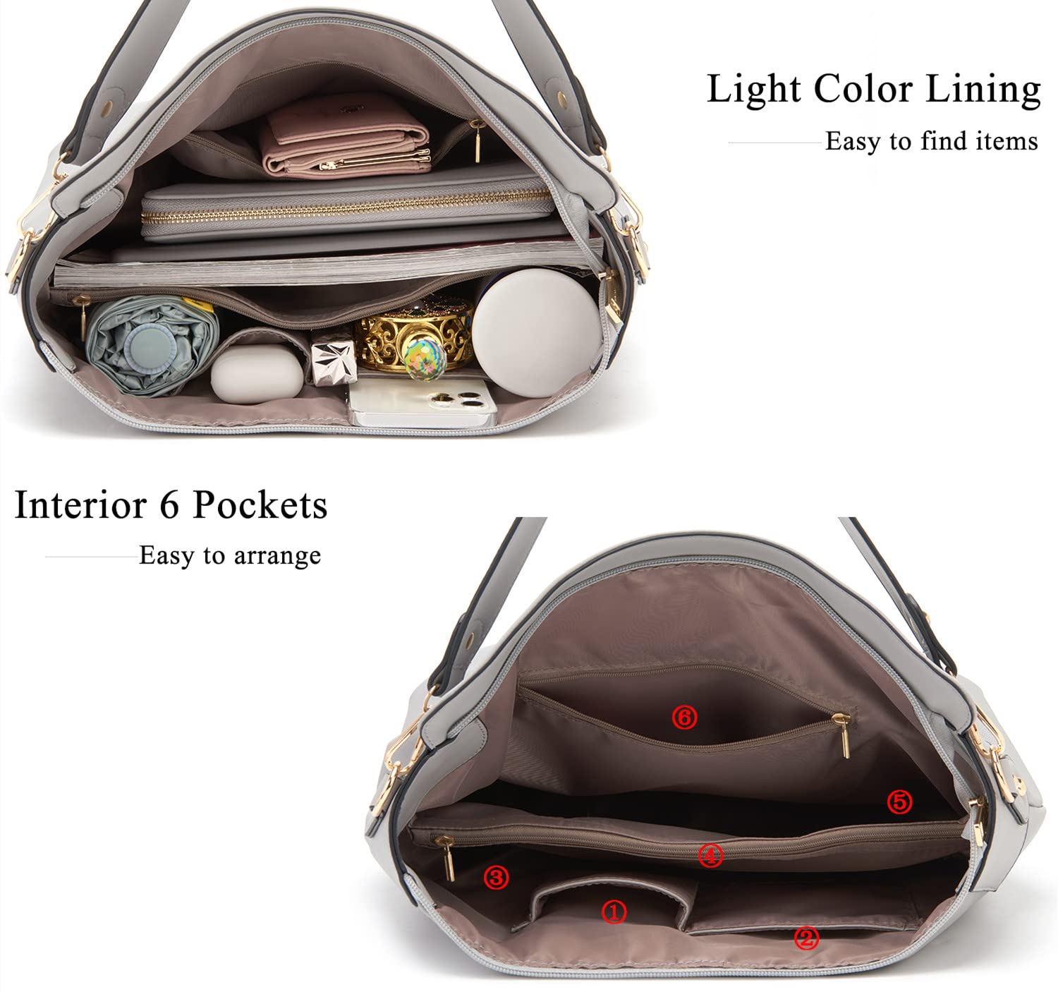 Large Crossbody Bags Ladies Shoulder Handbags Purse and Wallet Set for Women Hobo Purses Grey