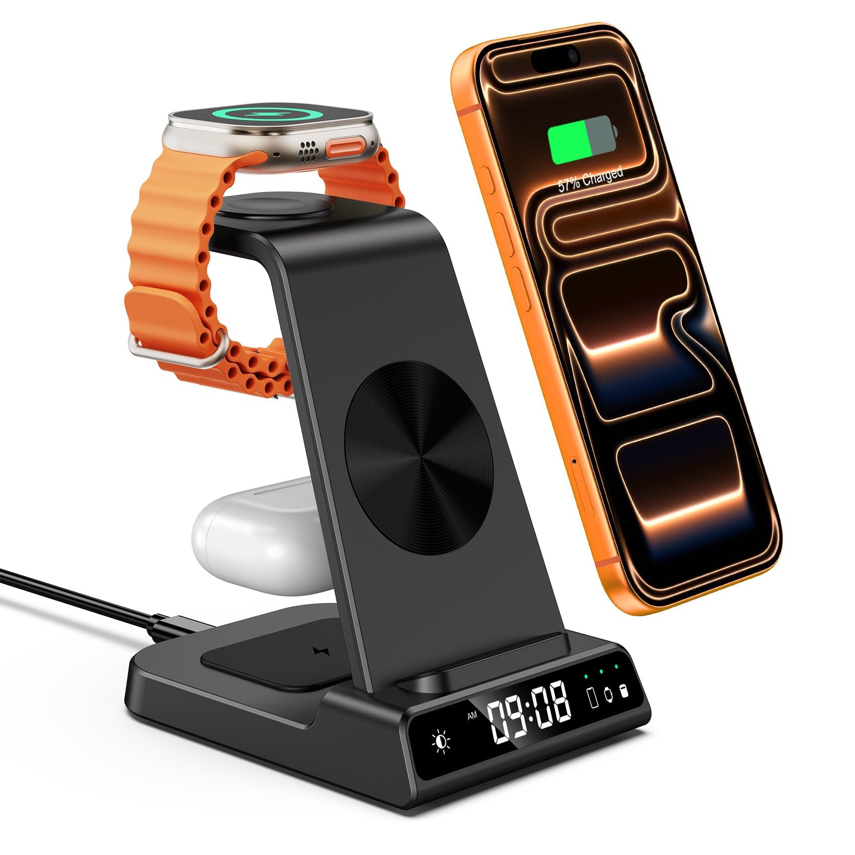Wireless Charger for iPhone 17, 3 in 1 Charging Station for Apple Watch Watch 11/10/9/8/7/6/5, Ultra 3/SE 3, for iPhone 17/16/15/14/13/12/11/X Series, for Air Pods Pro 3/4/Pro 2 (No Adapter)