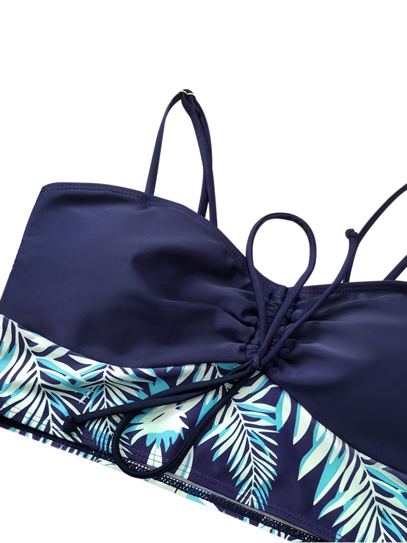 Lilosy Tummy Control Drawstring High Waisted Bikini Set String Swimsuit Spaghetti Strap Cami Top and Tie Side Shorts 2 Piece Women Bathing Suit Leaf Navy Blue X-Large
