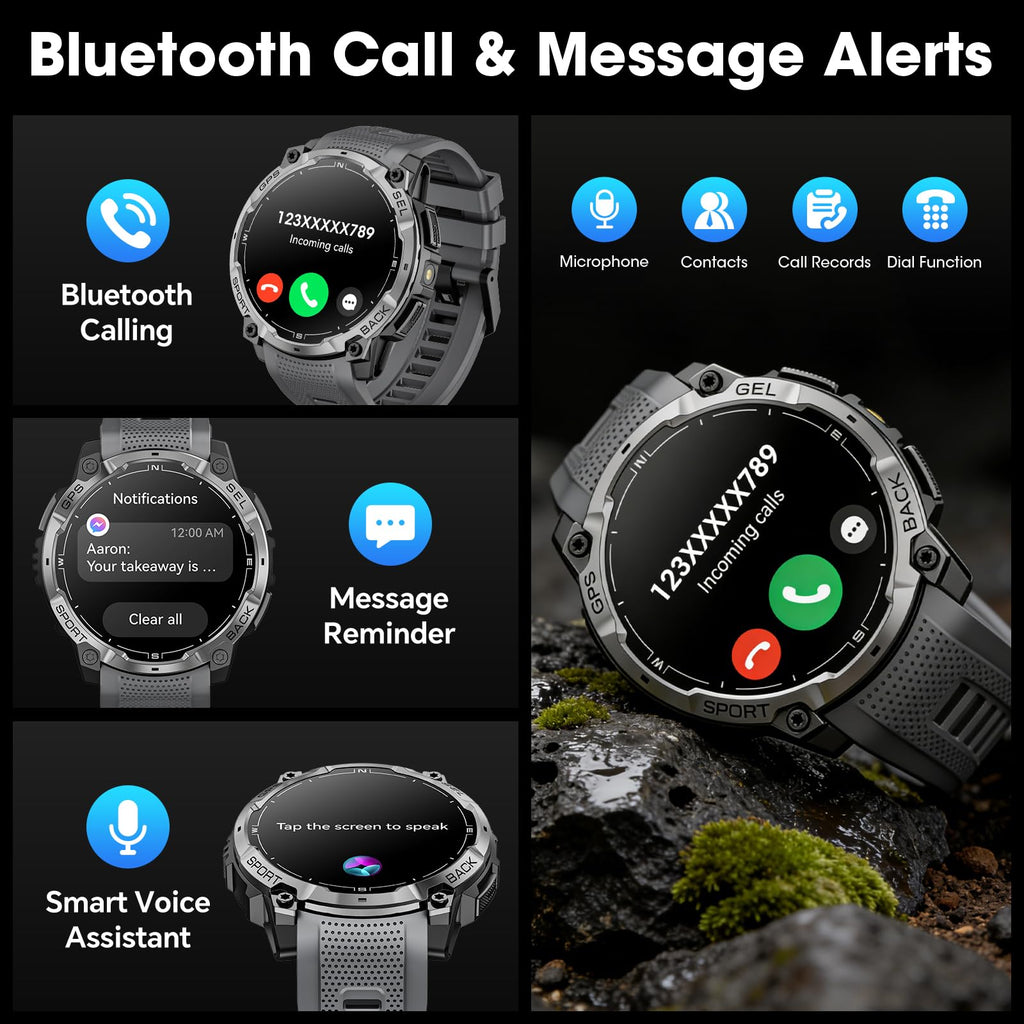 Joautrial Military Smart Watch for Men with GPS, 1.43" AMOLED Bluetooth Call, LED Flashlight, Rugged Tactical Watch for Android iOS, 3ATM Waterproof Fitness Tracker with Heart Rate Pedometer (Black)
