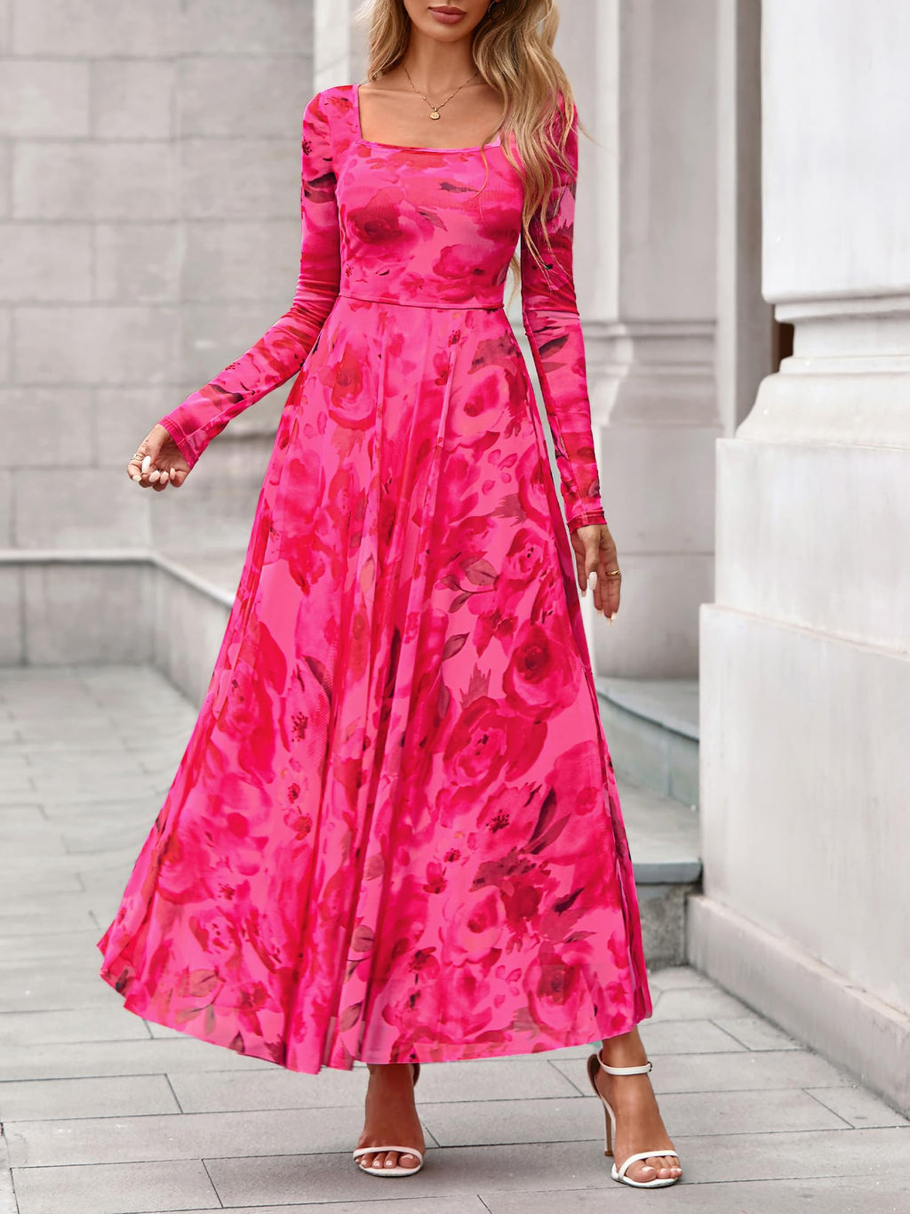 BTFBM Women Maxi Dress Fall 2026 Fashion Elegant Long Sleeve Square Neck Floral Print Party Club Wedding Guest Dresses(Floral Pink,Small)