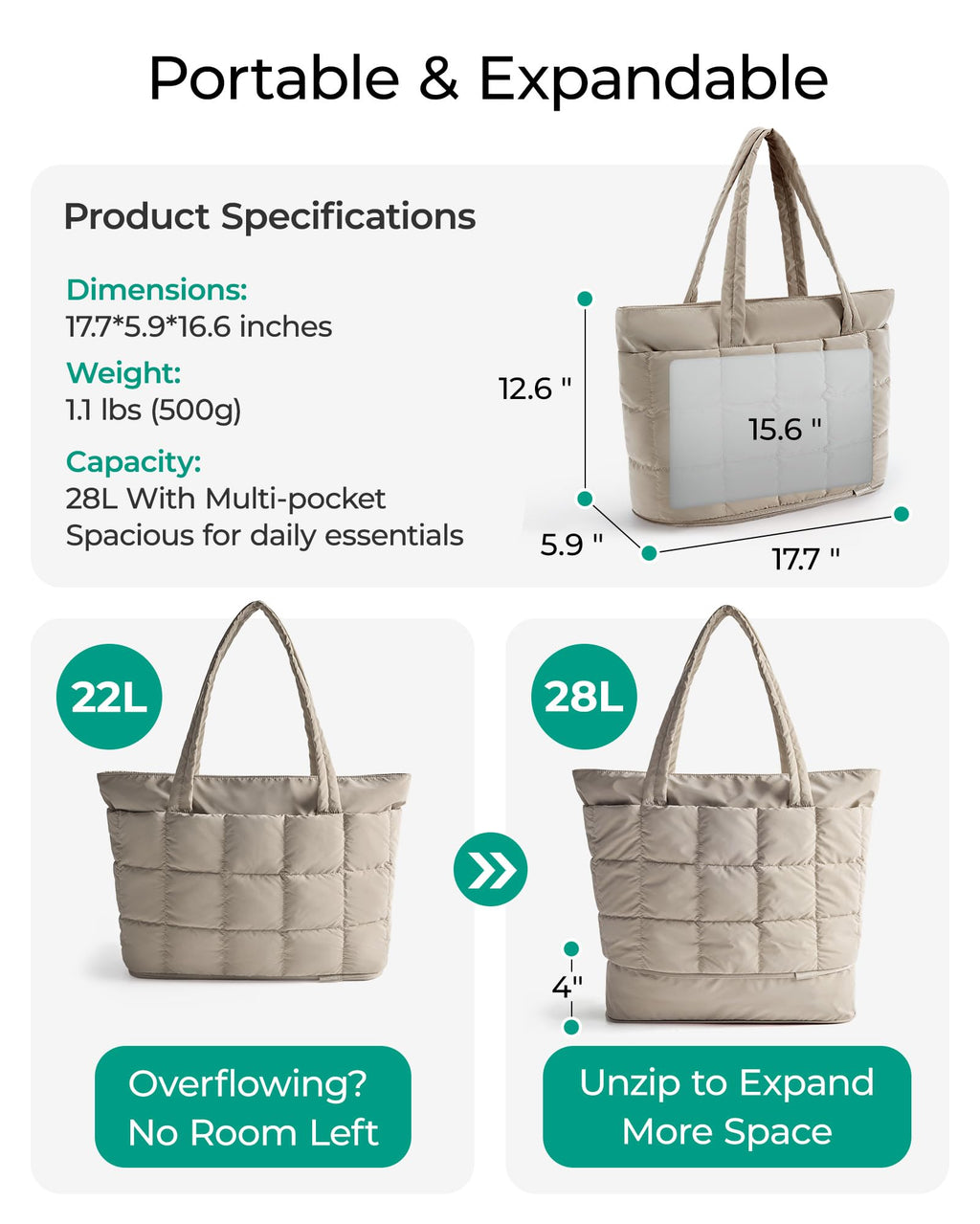 BAGSMART Expandable Tote Bag for Women, Puffer Work Tote Handbag, Quilted Carry On Bag for Travel Gym, Camel, Large