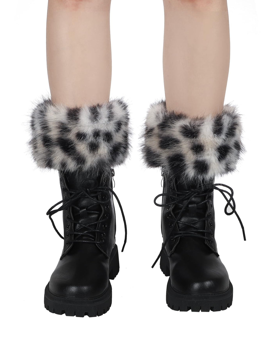 LA CARRIE Women Faux Fur Plush Leg Warmers Short Furry Fuzzy Leg Cuffs Girls Winter Knitted Boot(Black Leopard Printed)