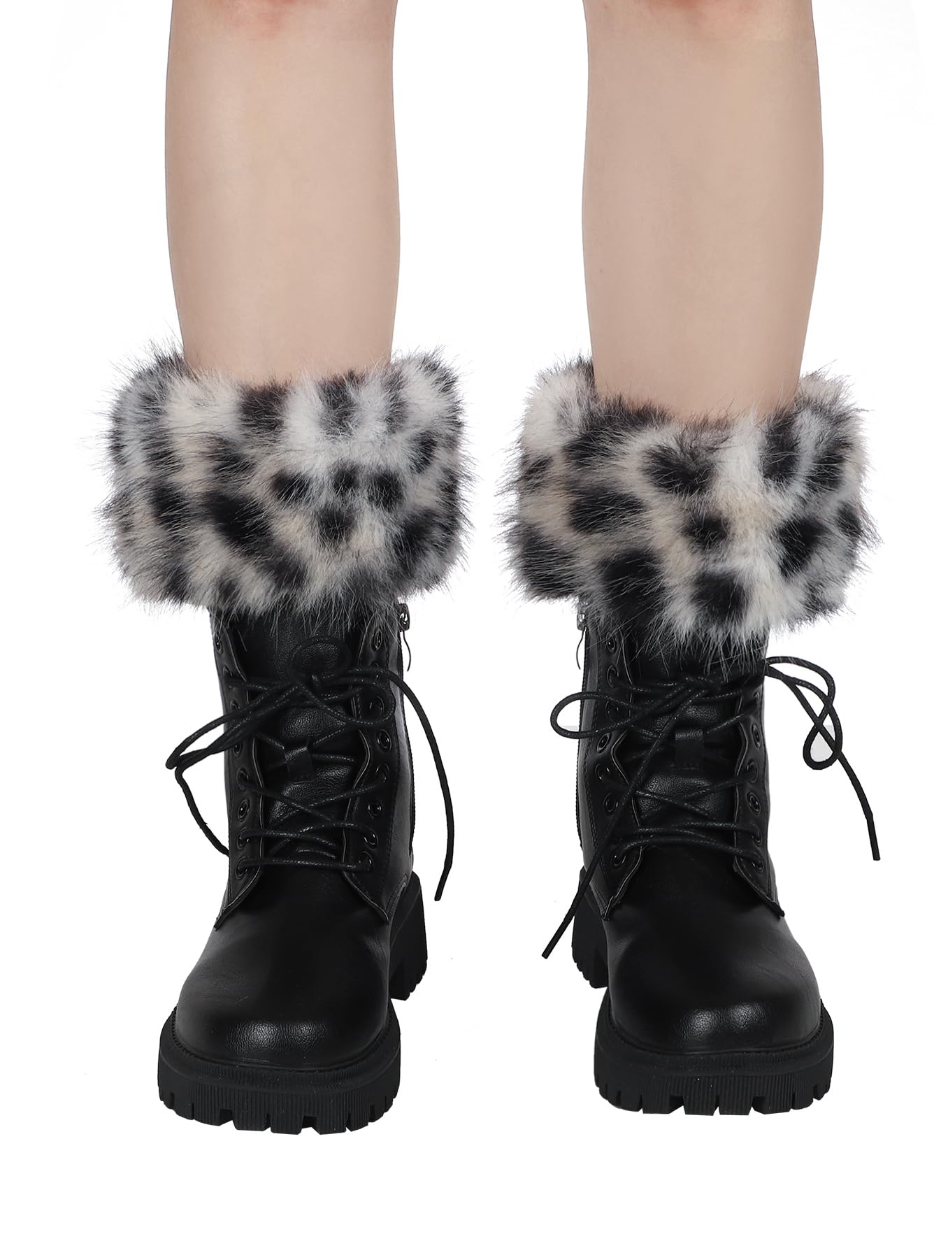 LA CARRIE Women Faux Fur Plush Leg Warmers Short Furry Fuzzy Leg Cuffs Girls Winter Knitted Boot(Black Leopard Printed)