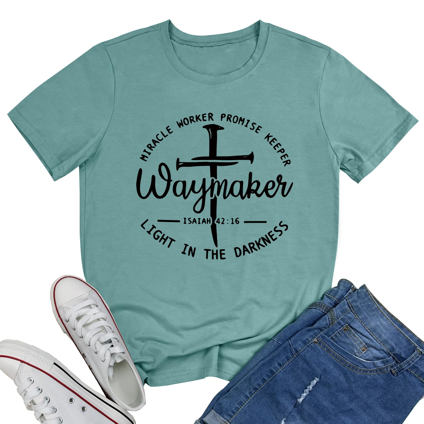 BLACKMYTH Graphic T-Shirts for Women Faith Shirts for Women Light Green Large