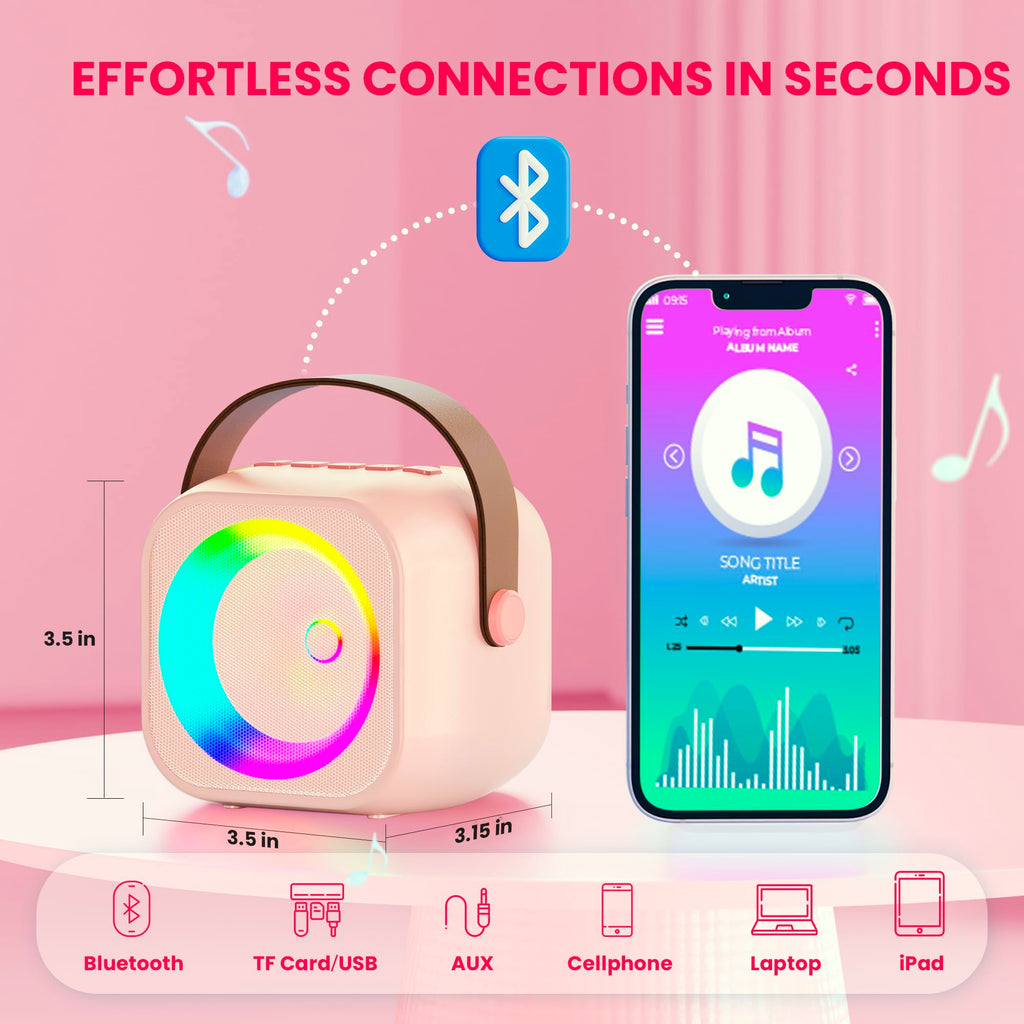 Mini Karaoke Machine for Kids Adults, Portable Bluetooth Speaker with Wireless Microphone, for Girls 4,5,6,7,8,9,10,12 Year Old Karaoke Toys Birthday Gifts Home Party (Pinkcolor 1 Mic)
