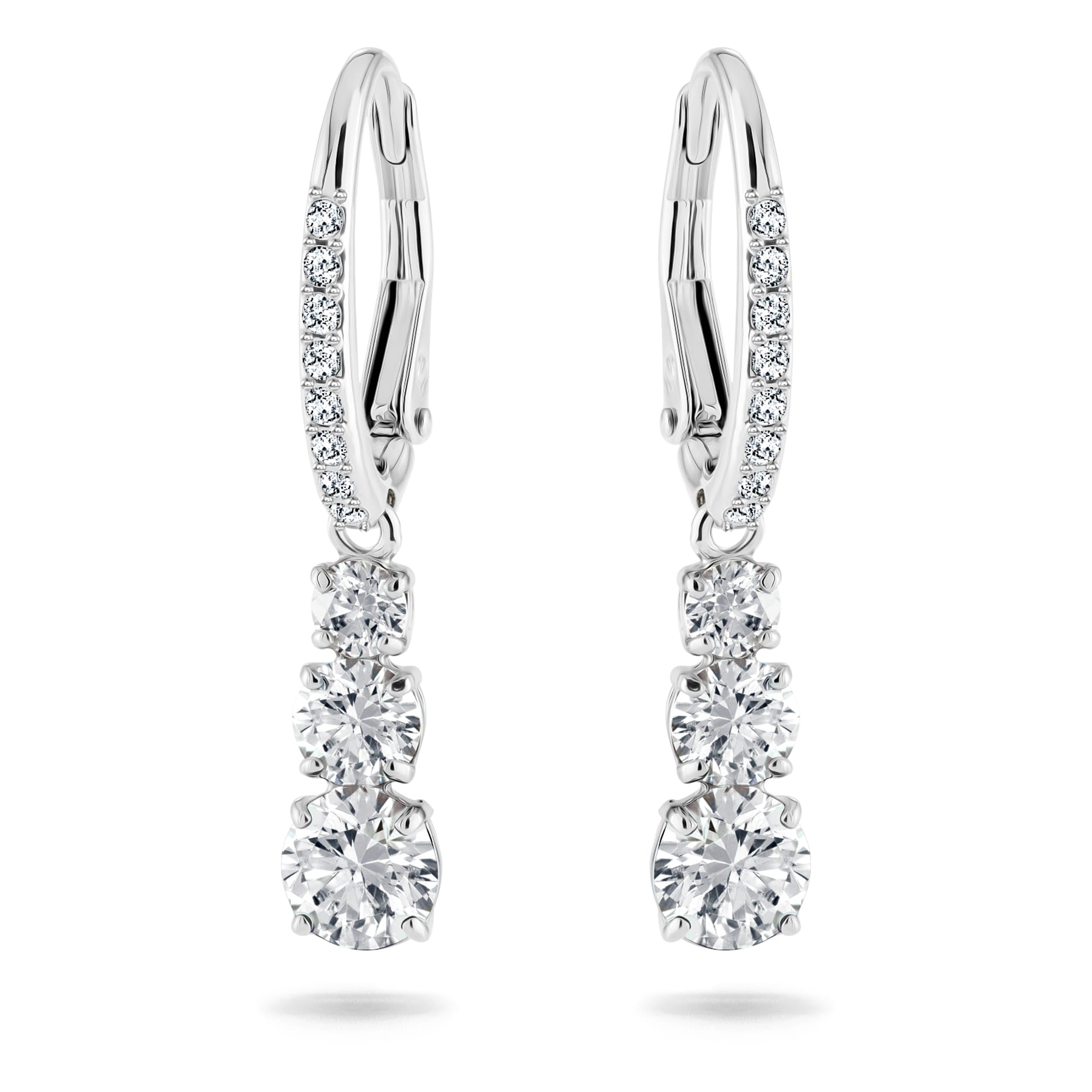 Swarovski Stilla Attract Trilogy Drop Pierced Earrings with White Crystals on a Rhodium Plated Setting with Hinged Closure