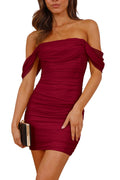 PRETTYGARDEN Cocktail Dresses 2025 Summer Off Shoulder Sexy Bodycon Ruched Mesh Graduation Wedding Guest Mini Short Dress (Wine Red,Small)