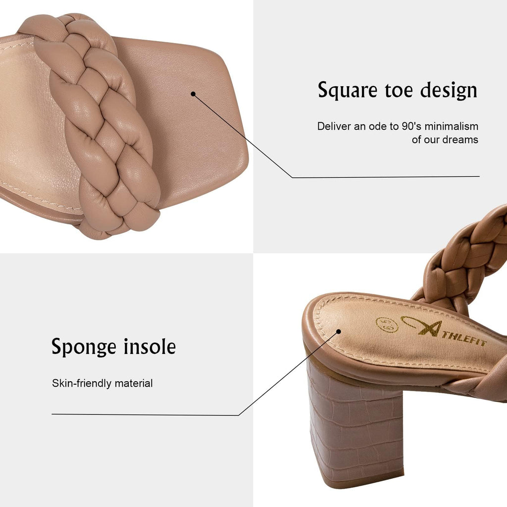Athlefit Women's Braided Heeled Sandals Fashion Square Open Toe Comfortable Slip on Block Nude Heels Size 8