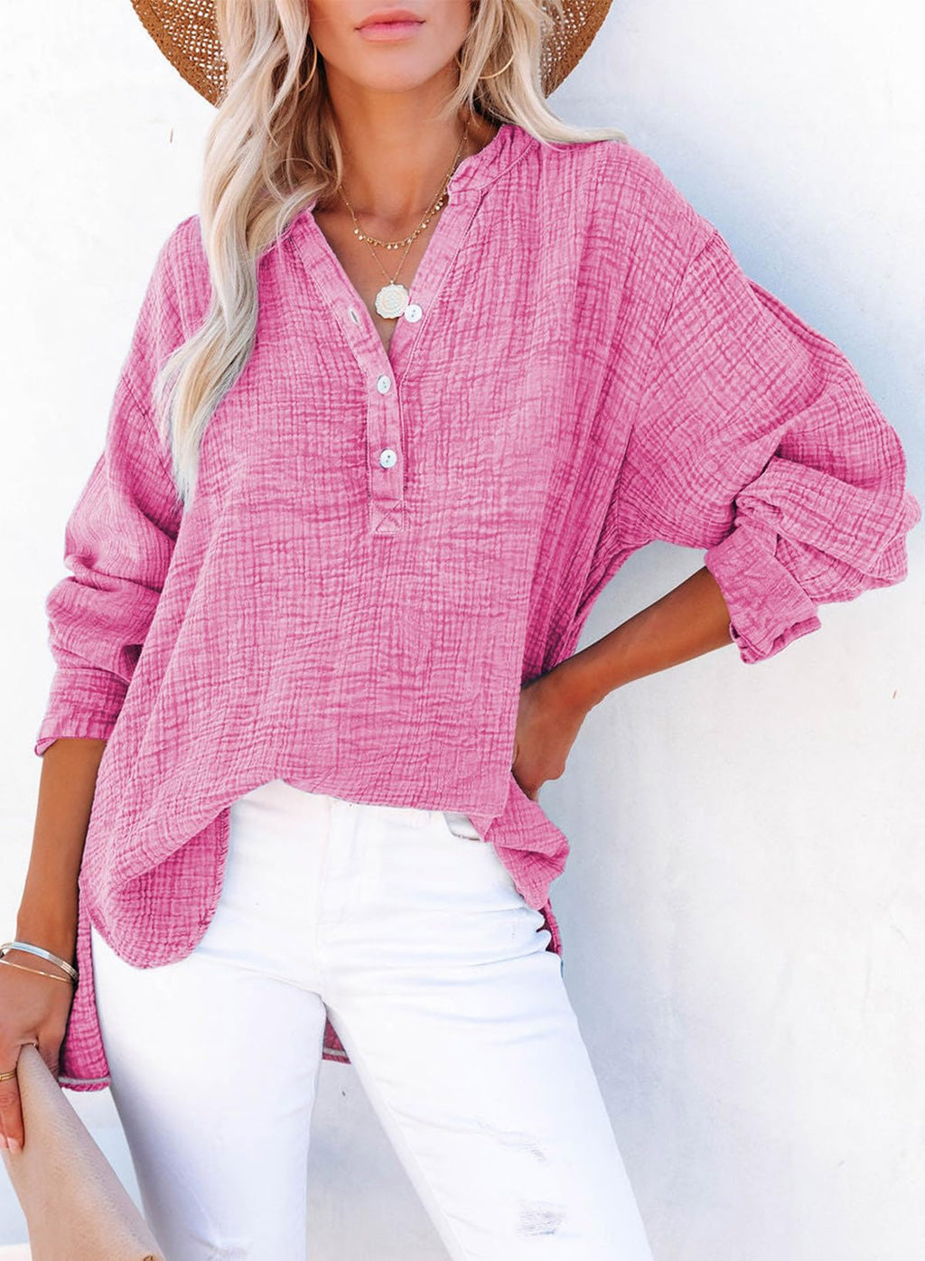 Dokotoo Womens Fashion V Neck Comfy Cotton Pullover Blouses Casual Pink S